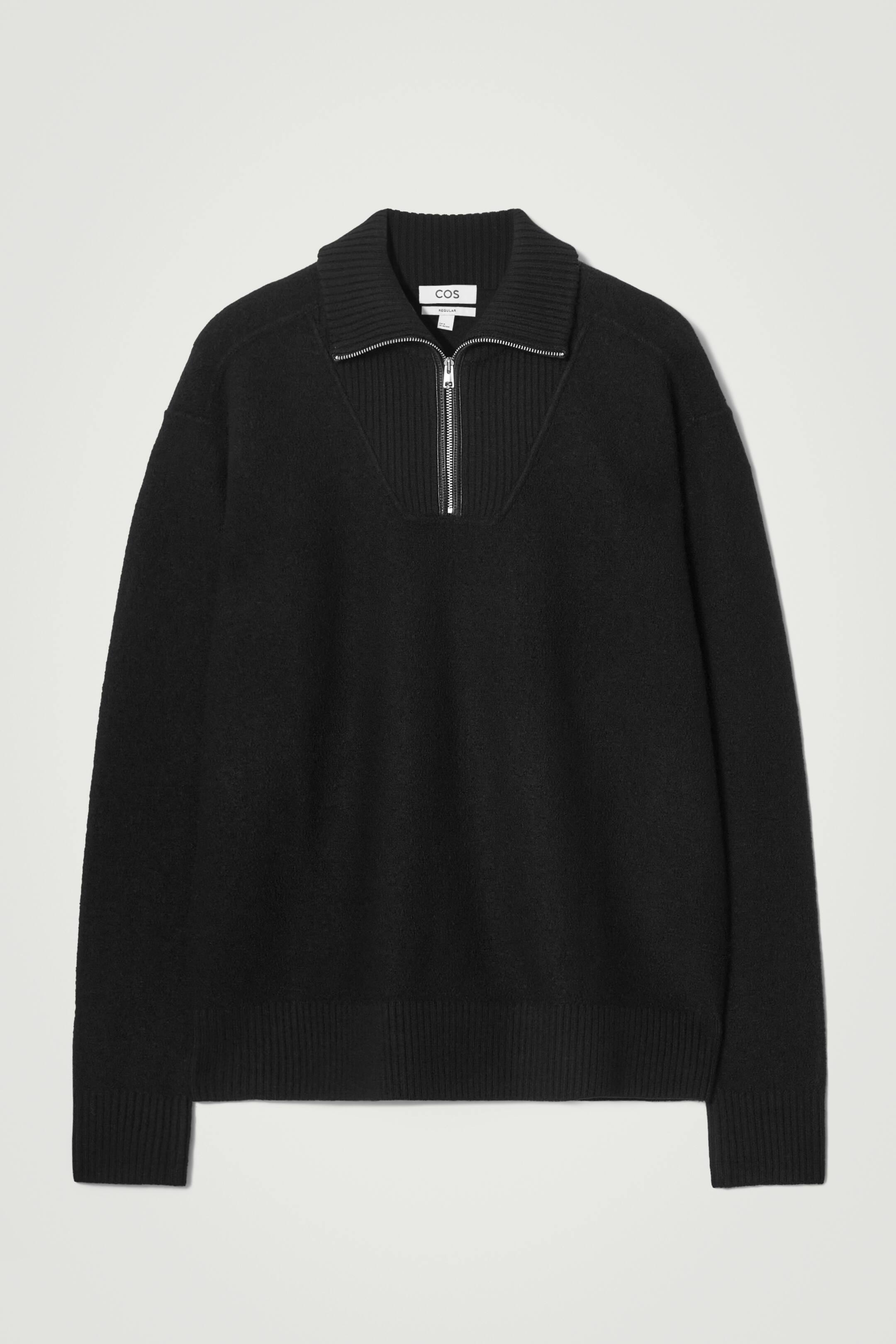 View larger image: LEATHER-DETAIL MERINO WOOL HALF-ZIP JUMPER - BLACK - Men | H&M GB 1