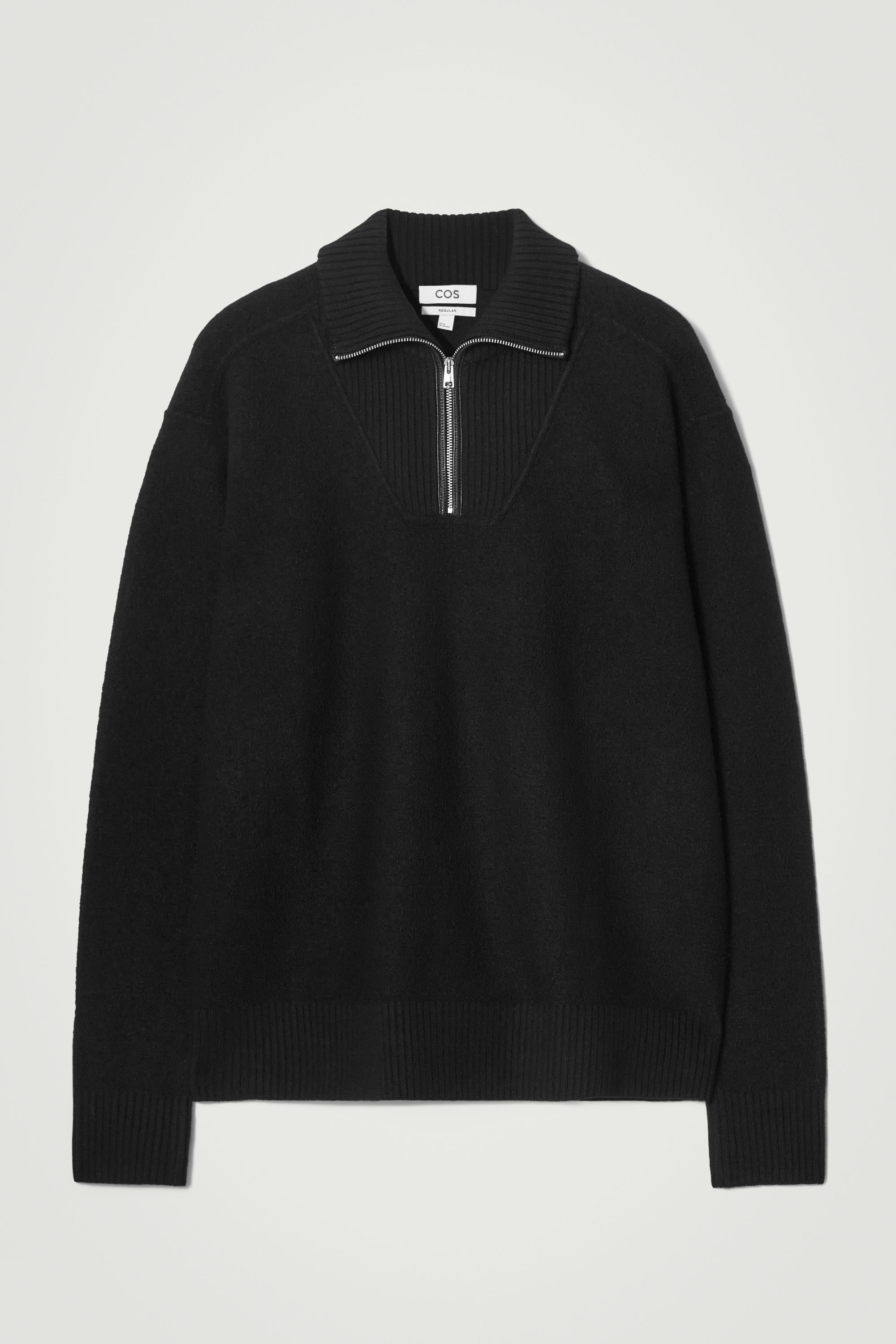 LEATHER-DETAIL MERINO WOOL HALF-ZIP SWEATER - BLACK | COS