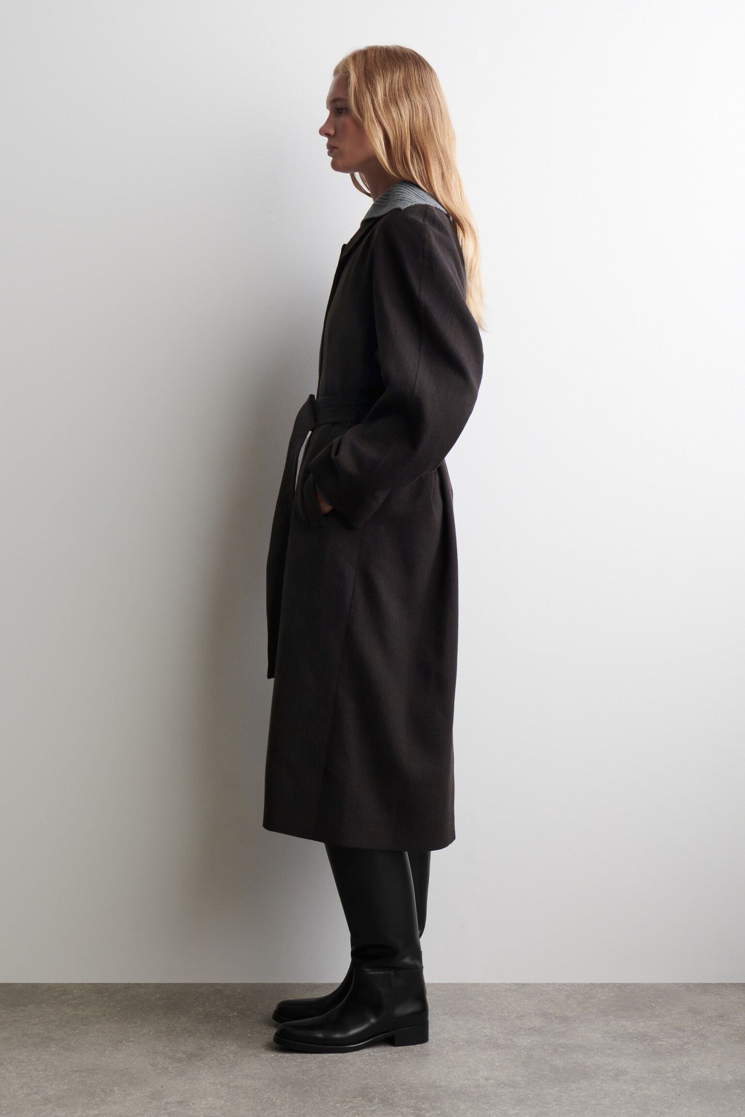TRENCH IN MISTO LANA - MARRONE SCURO / QUADRI/BLU NAVY - 7