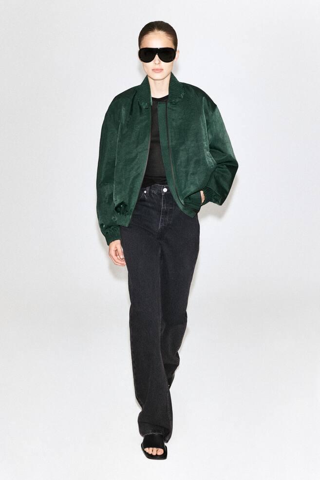 GATHERED NYLON BOMBER JACKET - DARK GREEN/BLACK - 1