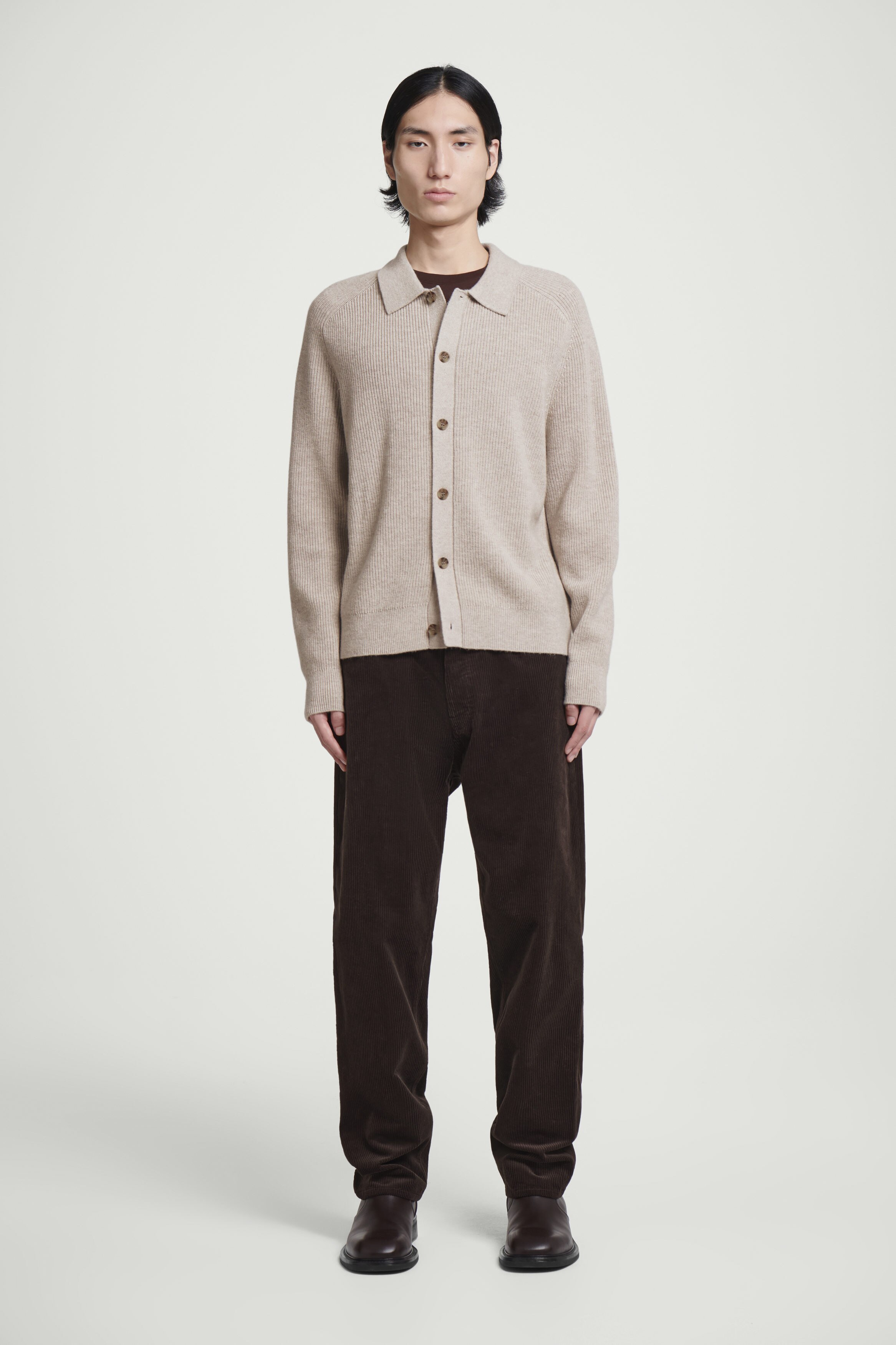 【COSYHARU】Cashmere ribbed cardigan COLLARED RIBBED WOOL-CASHMERE CARDIGAN - LIGHT BEIGE | COS