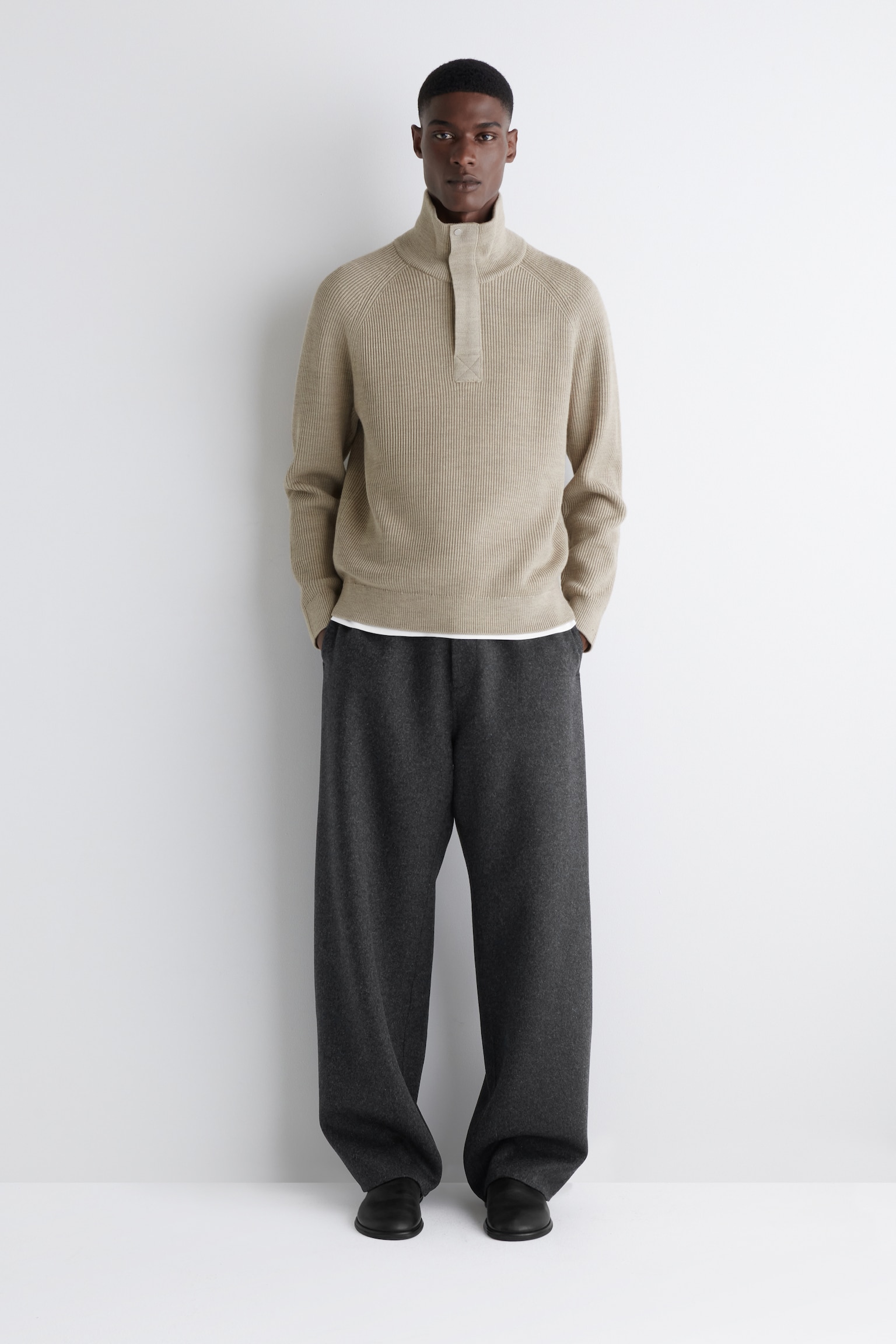 RIBBED WOOL HALF-ZIP JUMPER - BEIGE - 6