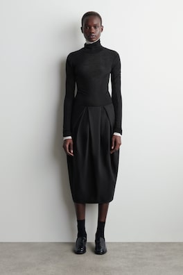 PLEATED WOOL MIDI TULIP SKIRT — BLACK 1