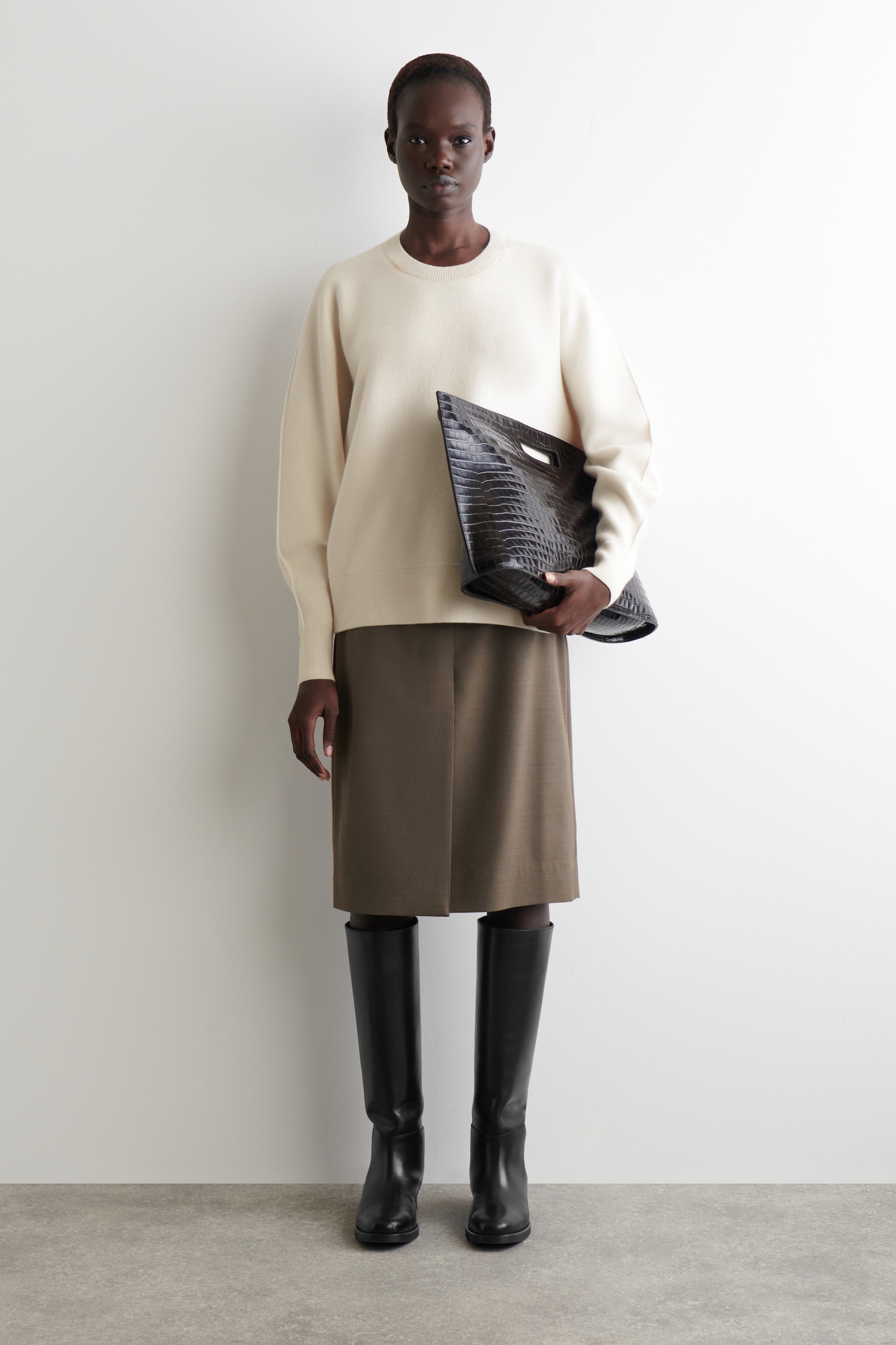 PULL SILHOUETTE ARRONDIE EN LAINE DOUBLE FACE - BLANC/VERT FONCÉ/GRIS CHINÉ - 3