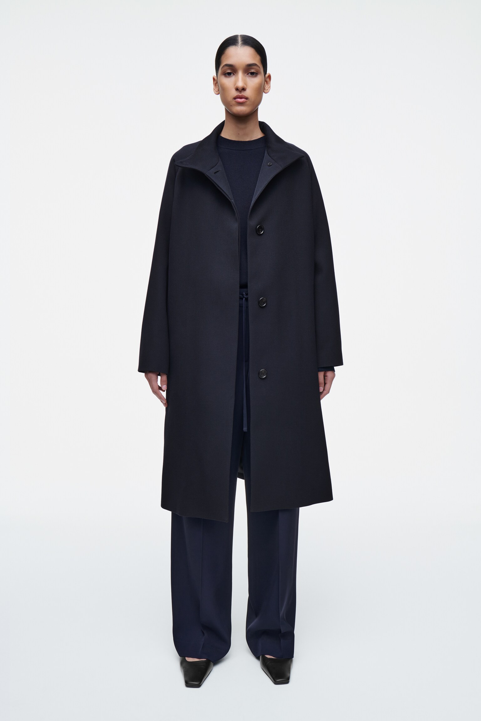 TRAPEZE WOOL-BLEND LONG COAT - NAVY/BEIGE - 4
