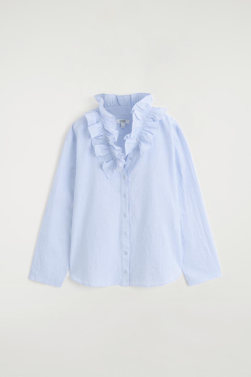 Ruffle-Collar Seersucker Blouse in Blue