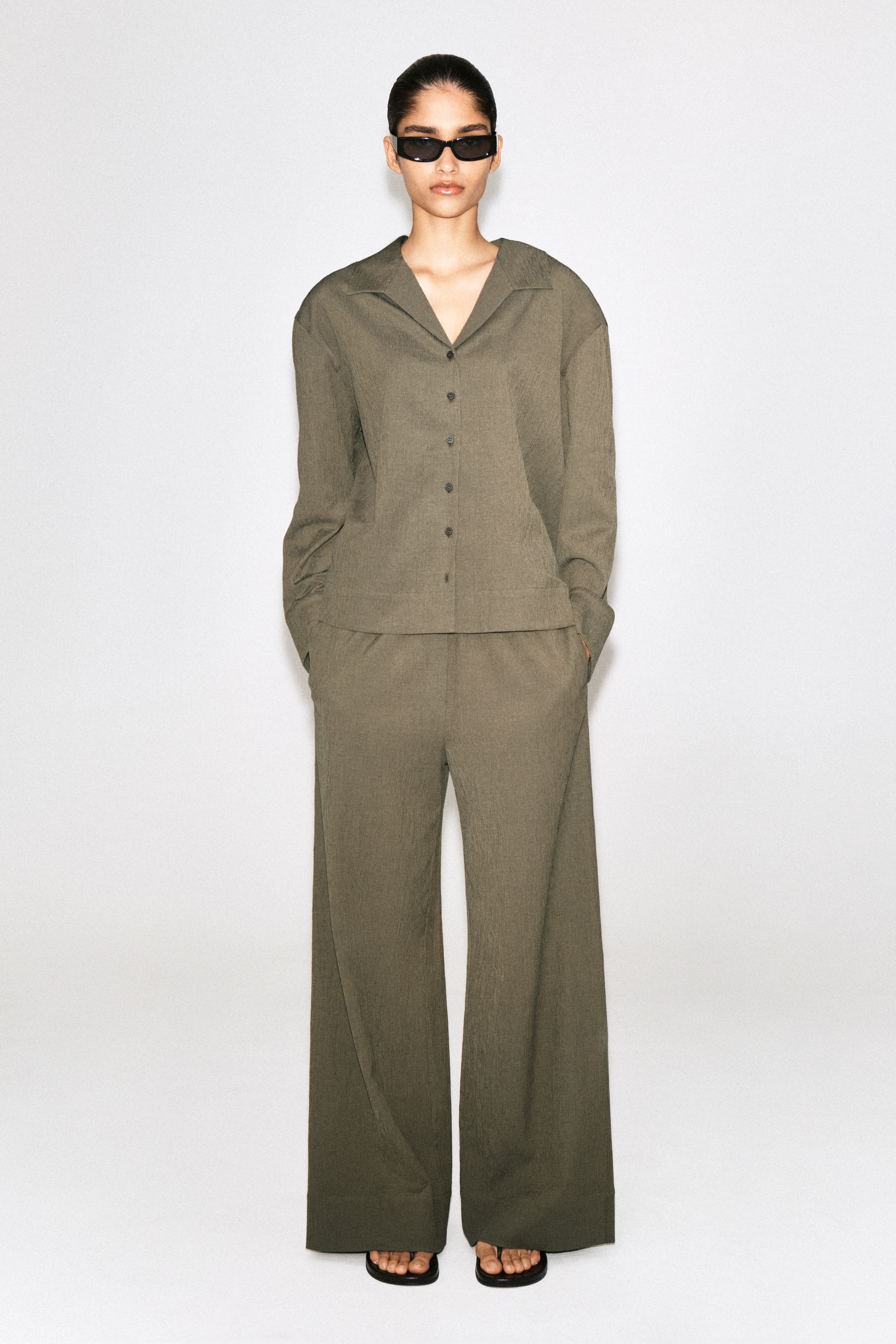 CRINKLED-JERSEY WIDE-LEG TROUSERS - lichtbruin/ZWART
