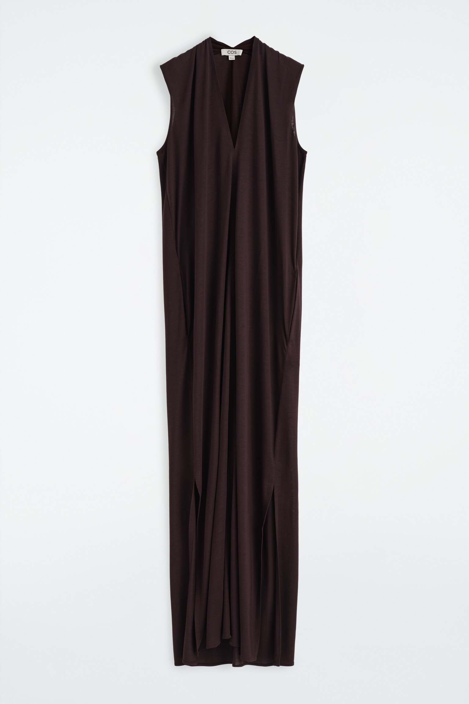 VESTIDO LARGO DRAPEADO CON CUELLO DE PICO - MARRÓN OSCURO - 2