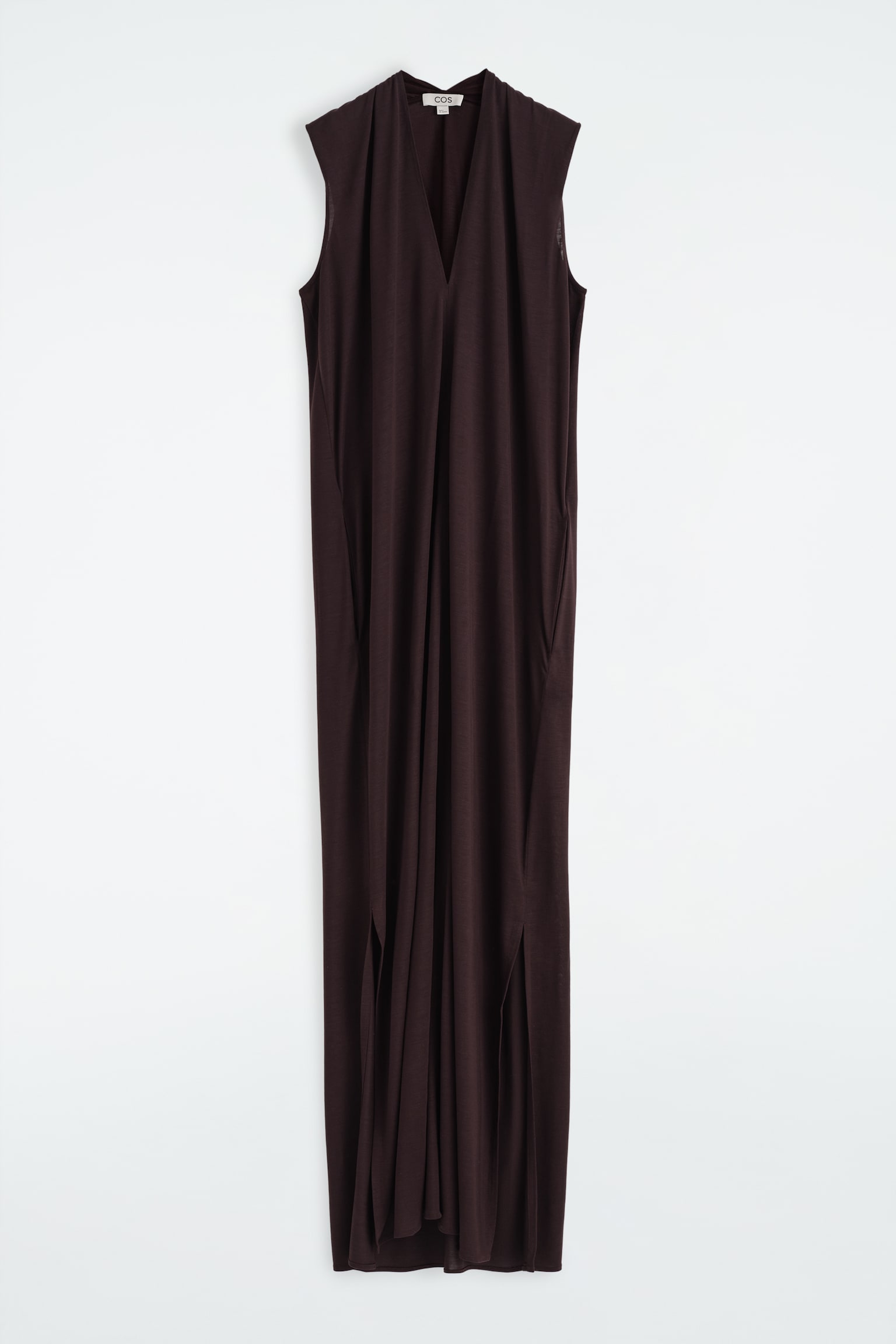VESTIDO LARGO DRAPEADO CON CUELLO DE PICO - MARRÓN OSCURO - 2