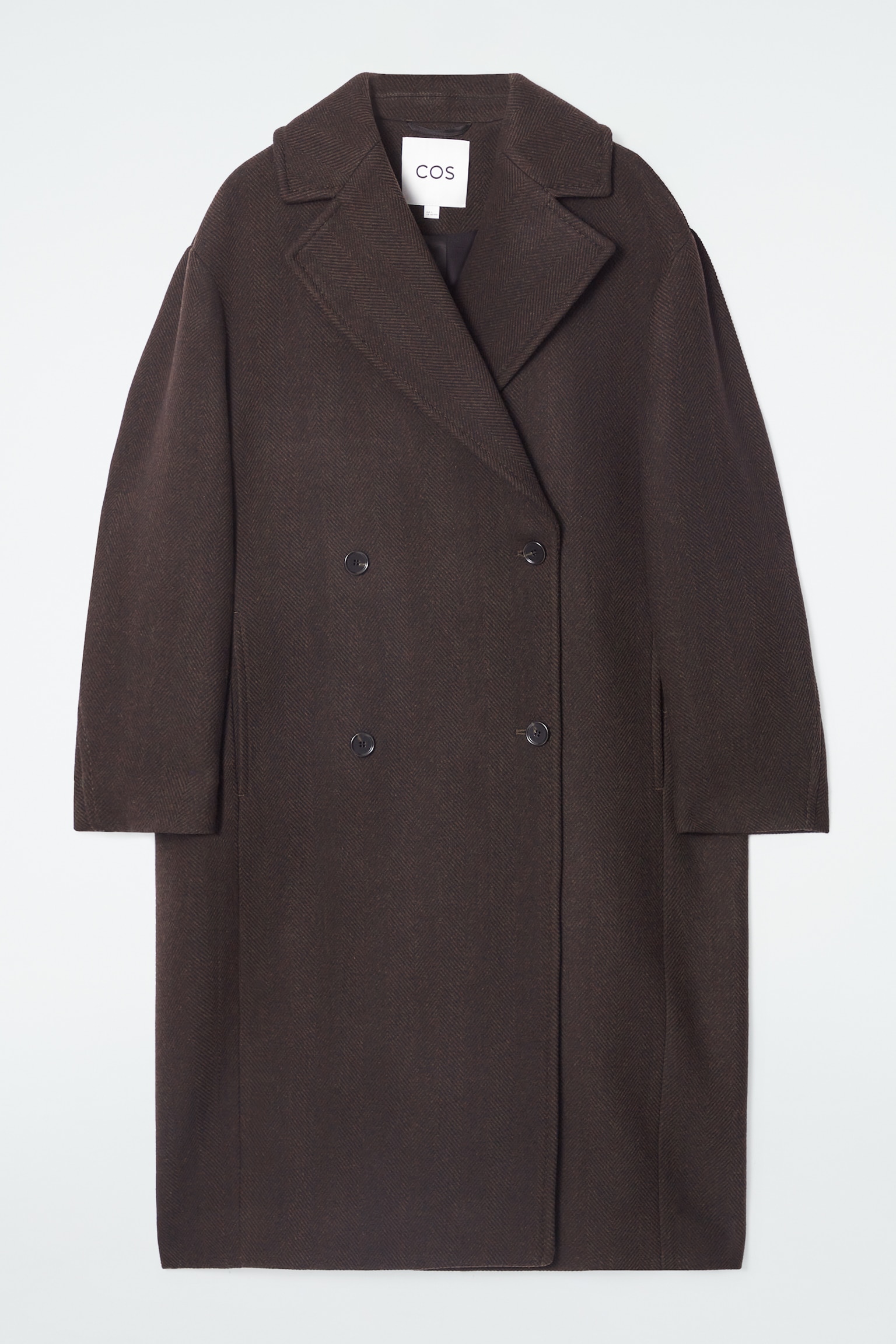 DOUBLE-BREASTED WOOL-HERRINGBONE COAT - DARK BROWN
