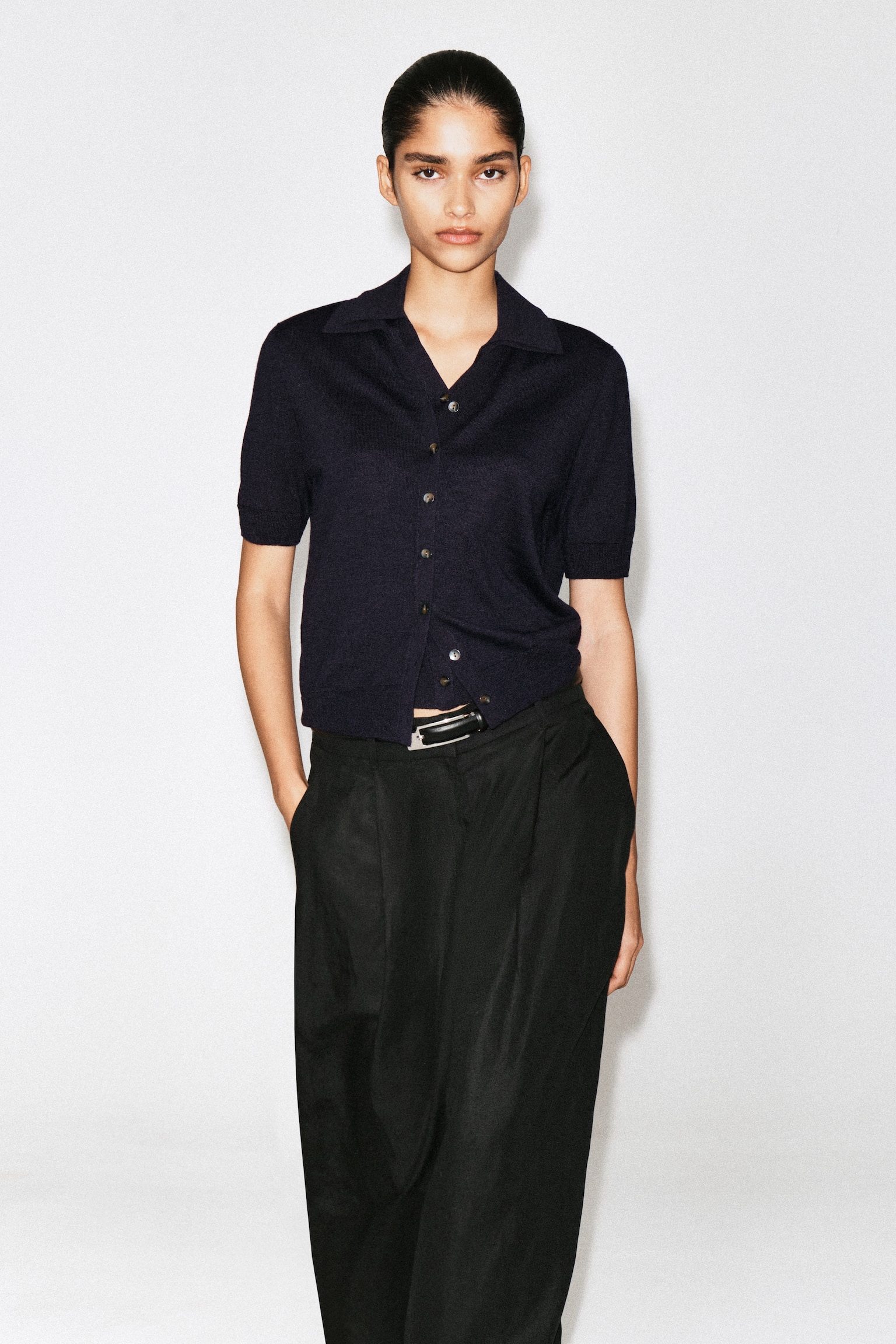 KNITTED LINEN-MERINO SHORT-SLEEVED SHIRT - NAVY/YELLOW - 1