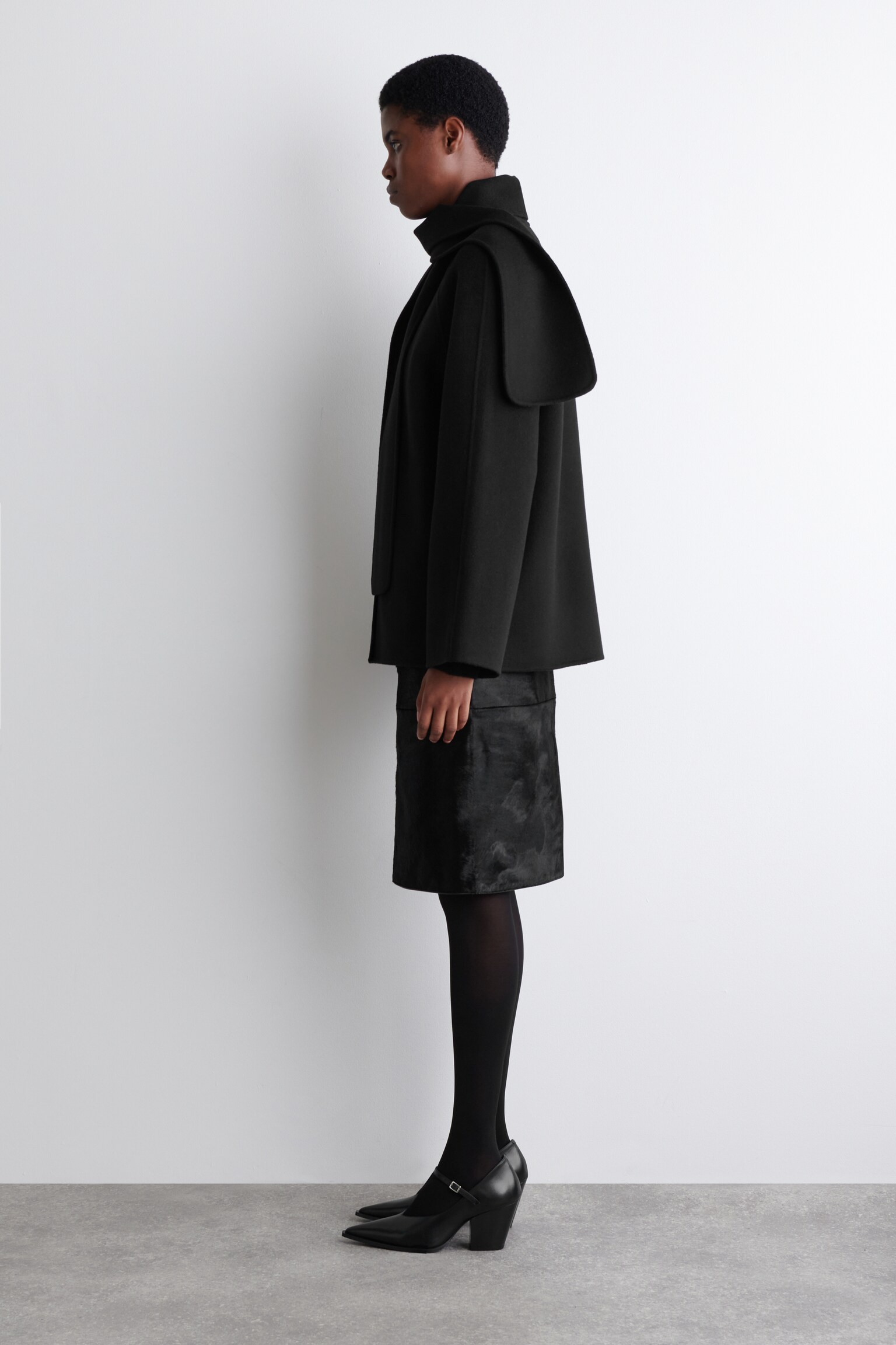 DOUBLE-FACED WOOL SCARF SHORT JACKET - BLACK/GREY - 6