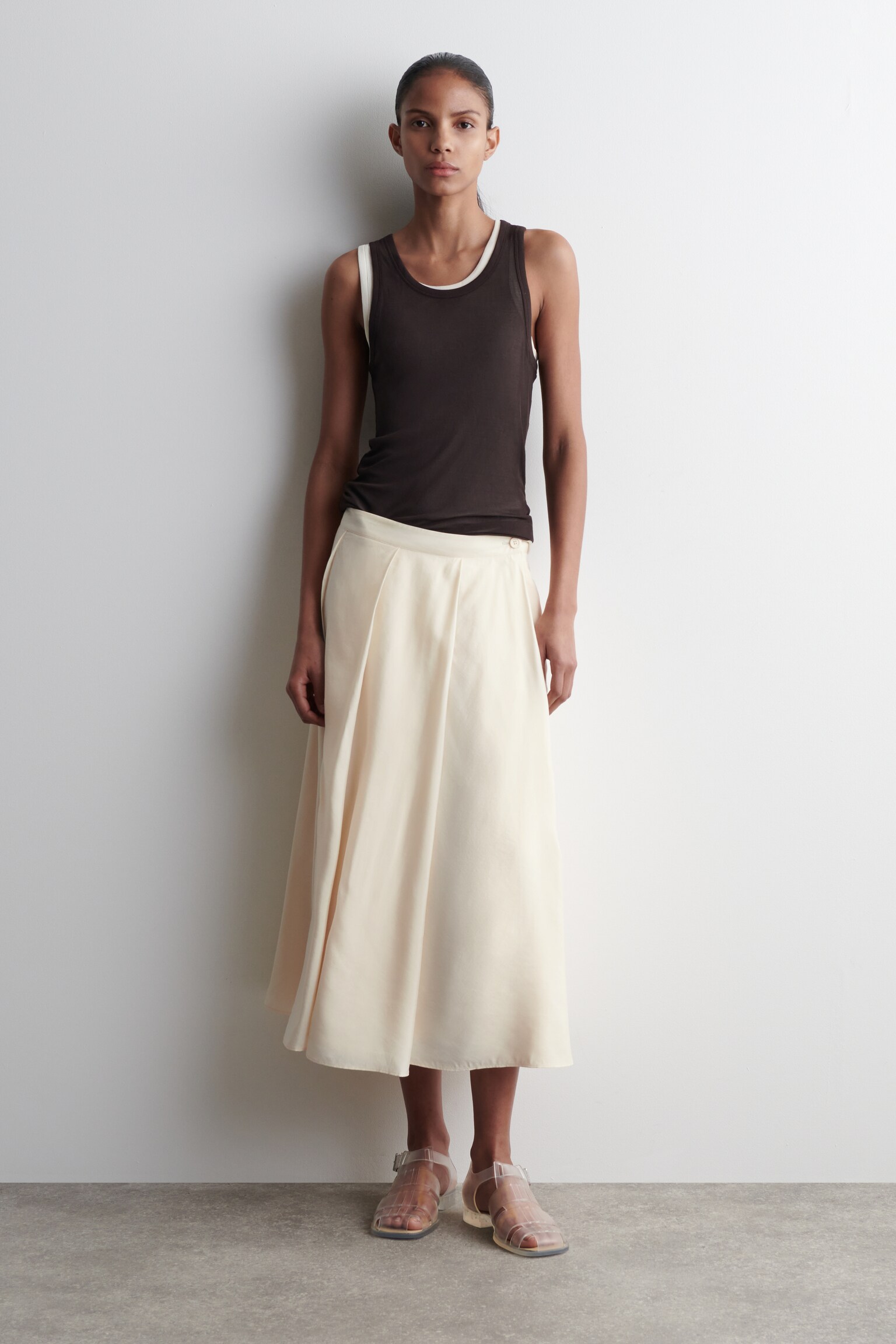 PLEATED A-LINE MIDI SKIRT - CREAM