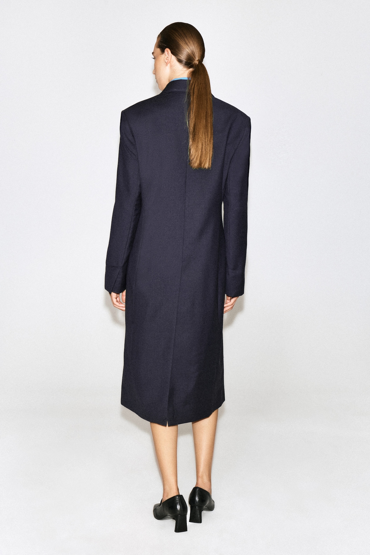 WOOL DOUBLE-BREASTED LONGLINE BLAZER — NAVY