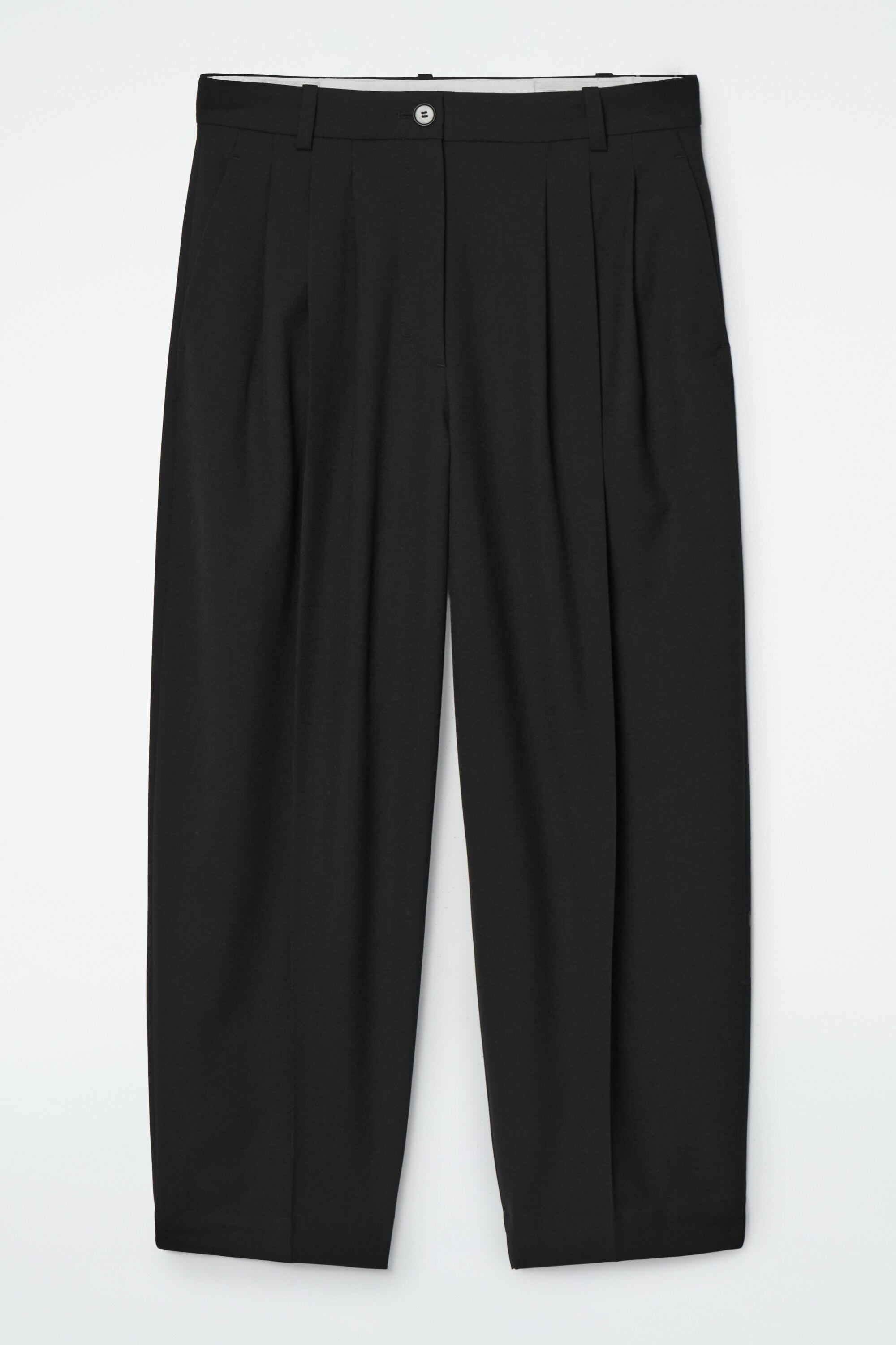 PLEATED BARREL-LEG WOOL TROUSERS - BLACK | COS