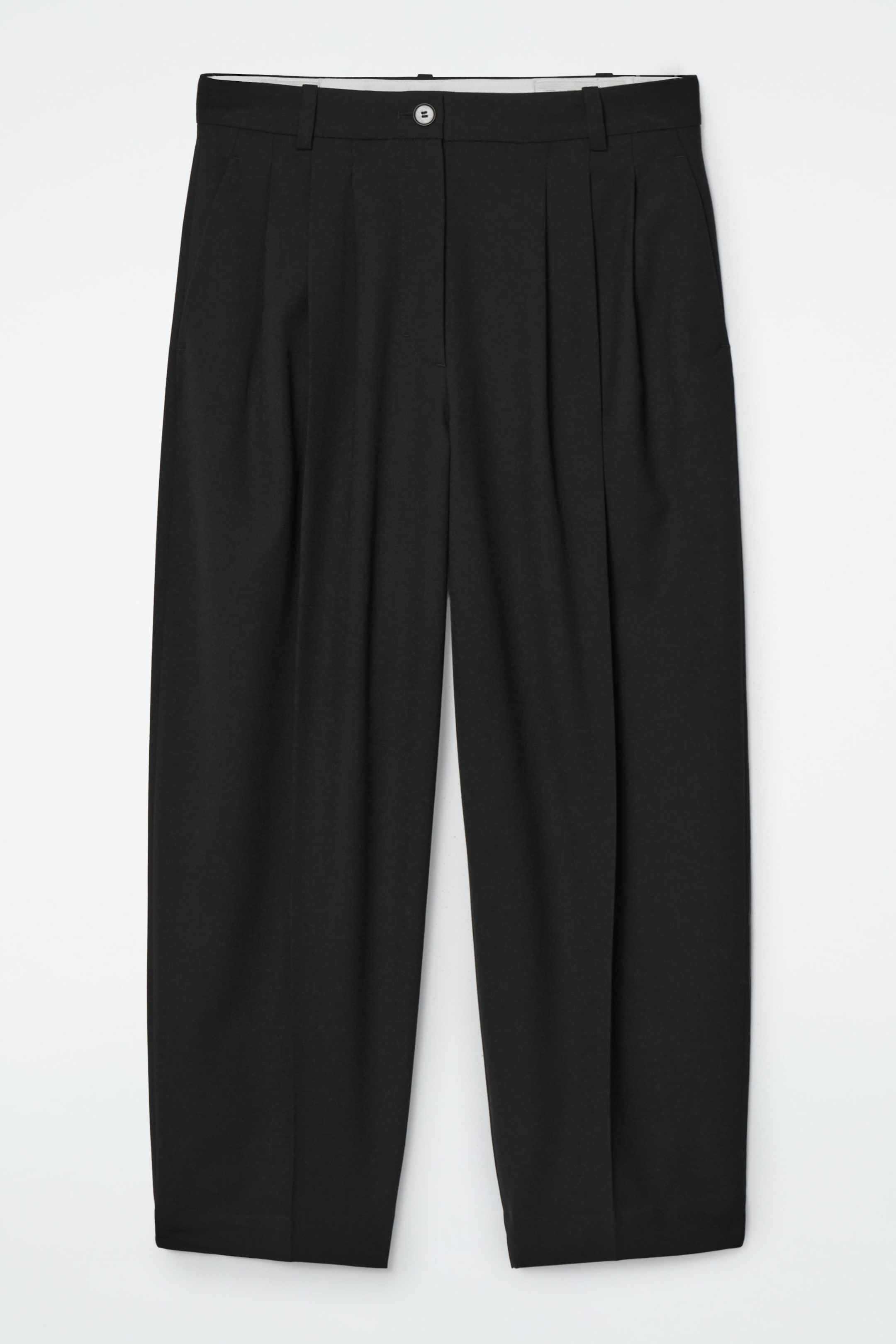 PLEATED BARREL-LEG WOOL-BLEND TROUSERS