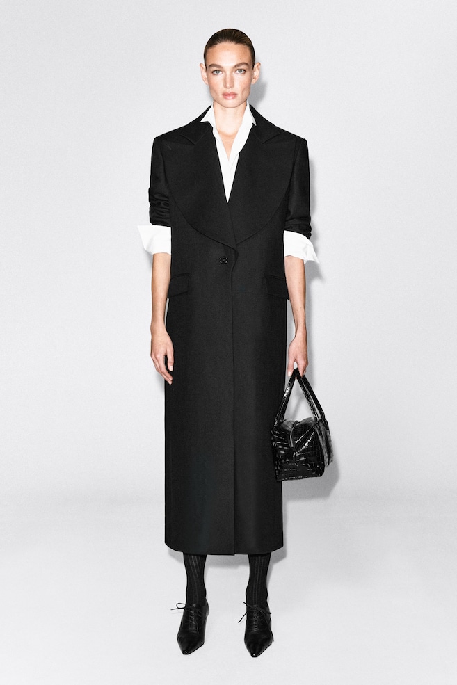 TAILORED DRAPED WOOL-BLEND LONG COAT — BLACK