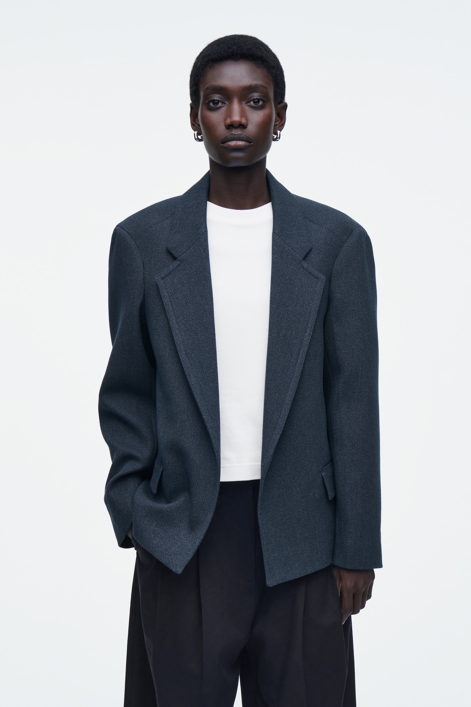 OVERSIZED EXAGGERATED-SHOULDER DENIM-LOOK BLAZER - DARK BLUE