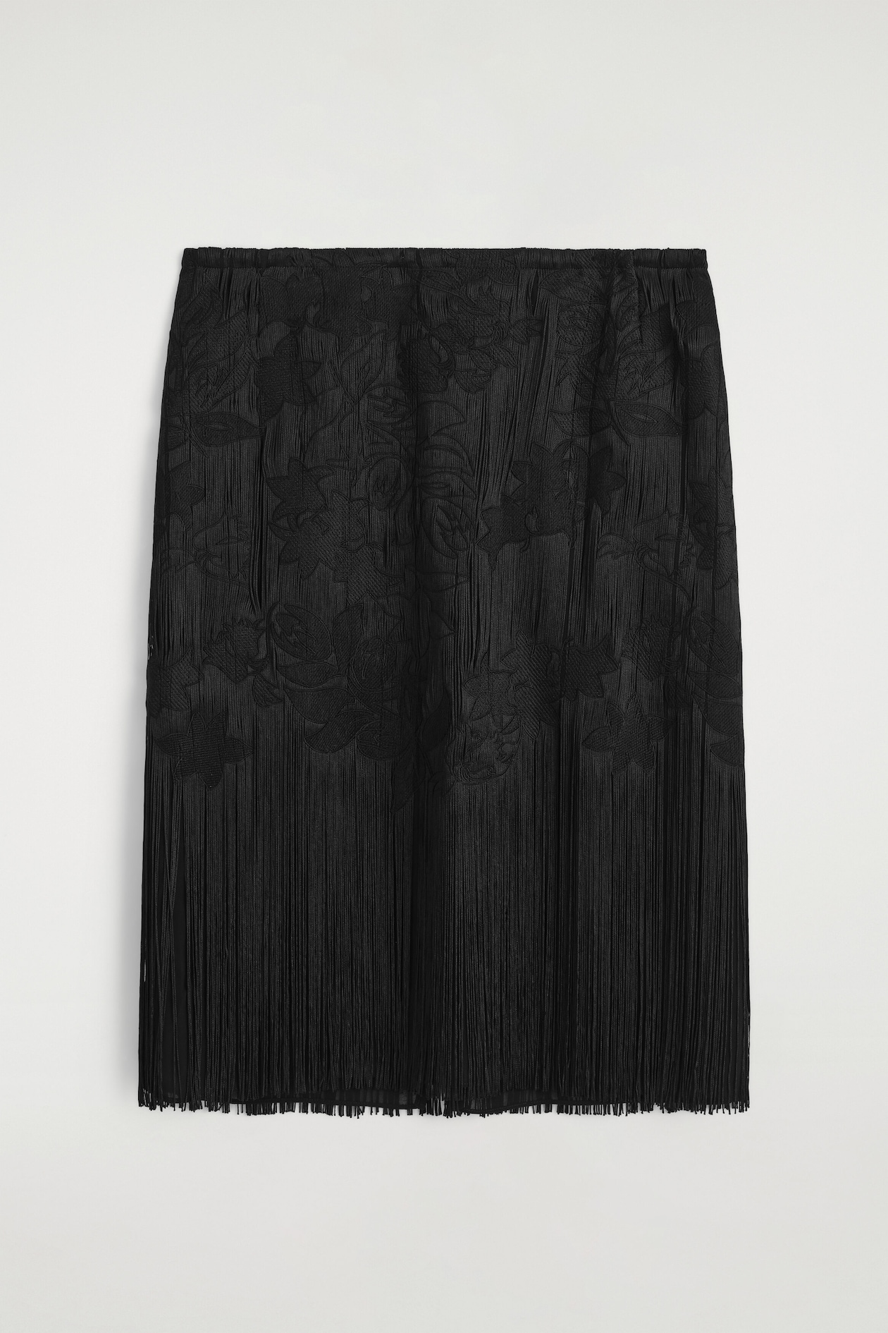 EMBROIDERED FRINGED MIDI SKIRT — CARBON