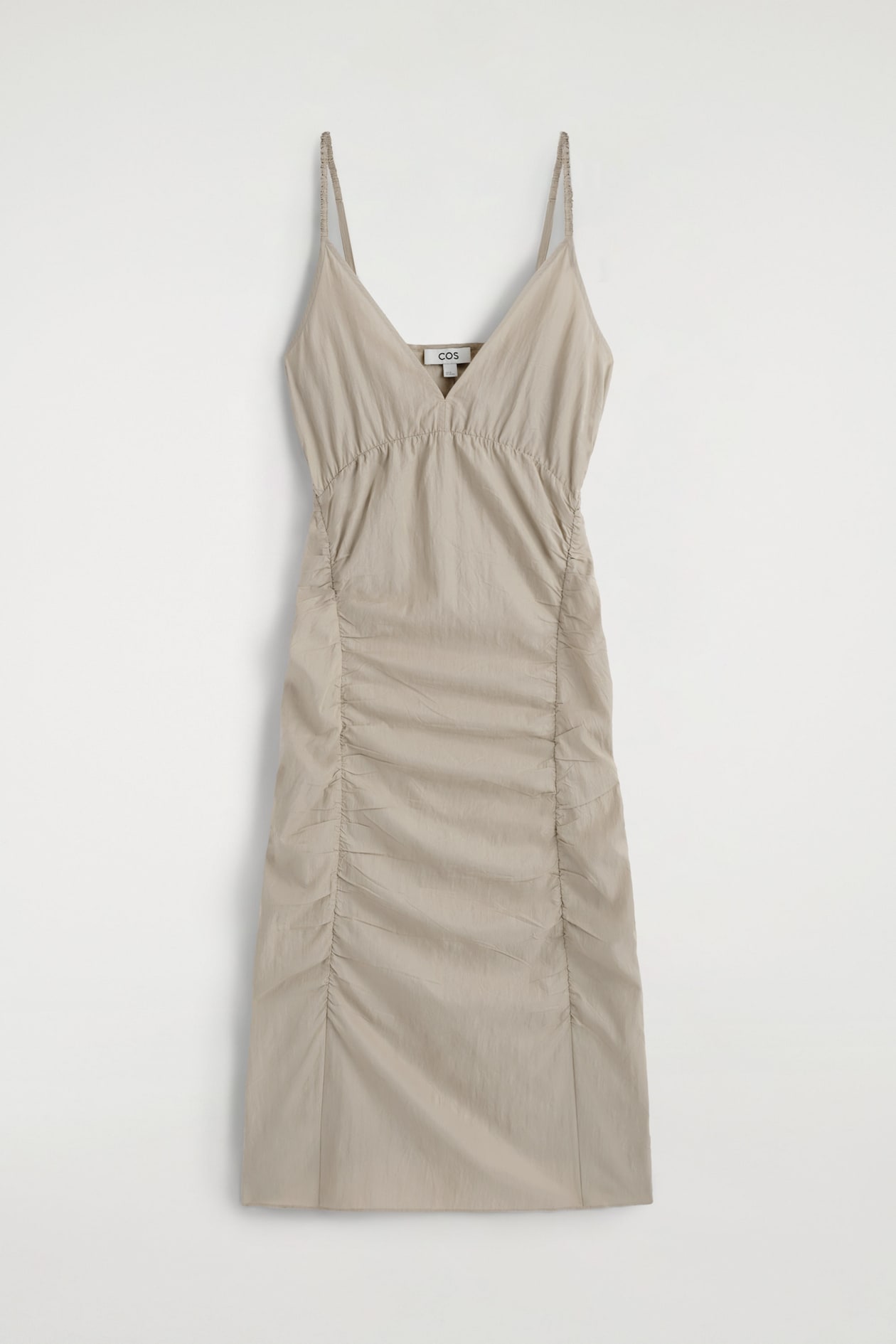GATHERED SILK-NYLON SLIP DRESS — BEIGE