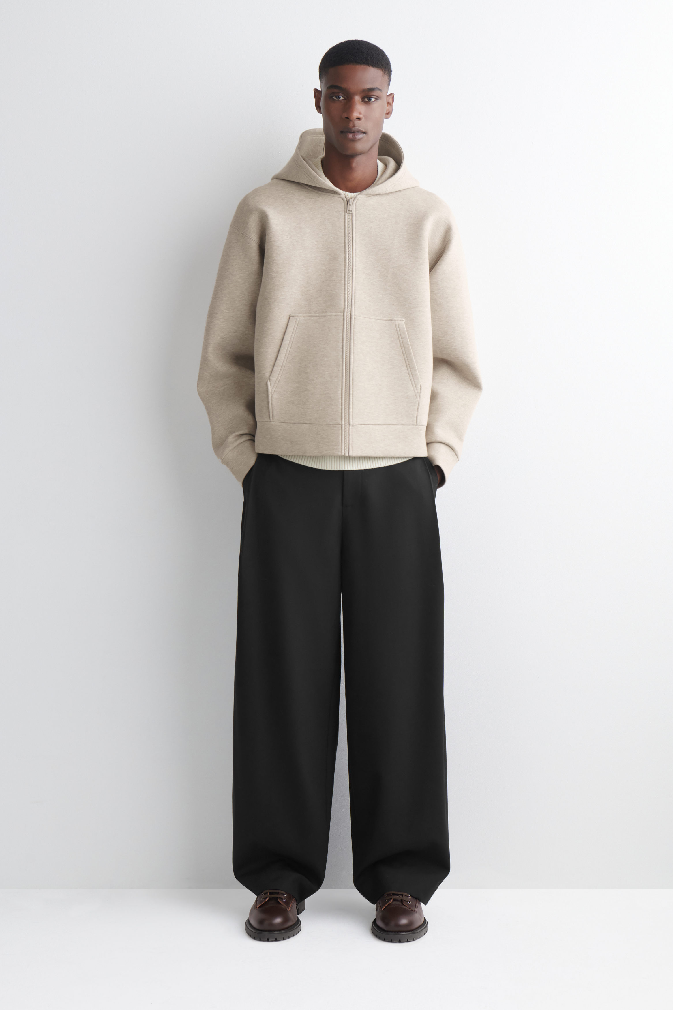 OVERSIZED SCUBA-JERSEY ZIP-UP HOODIE - BEIGE | COS