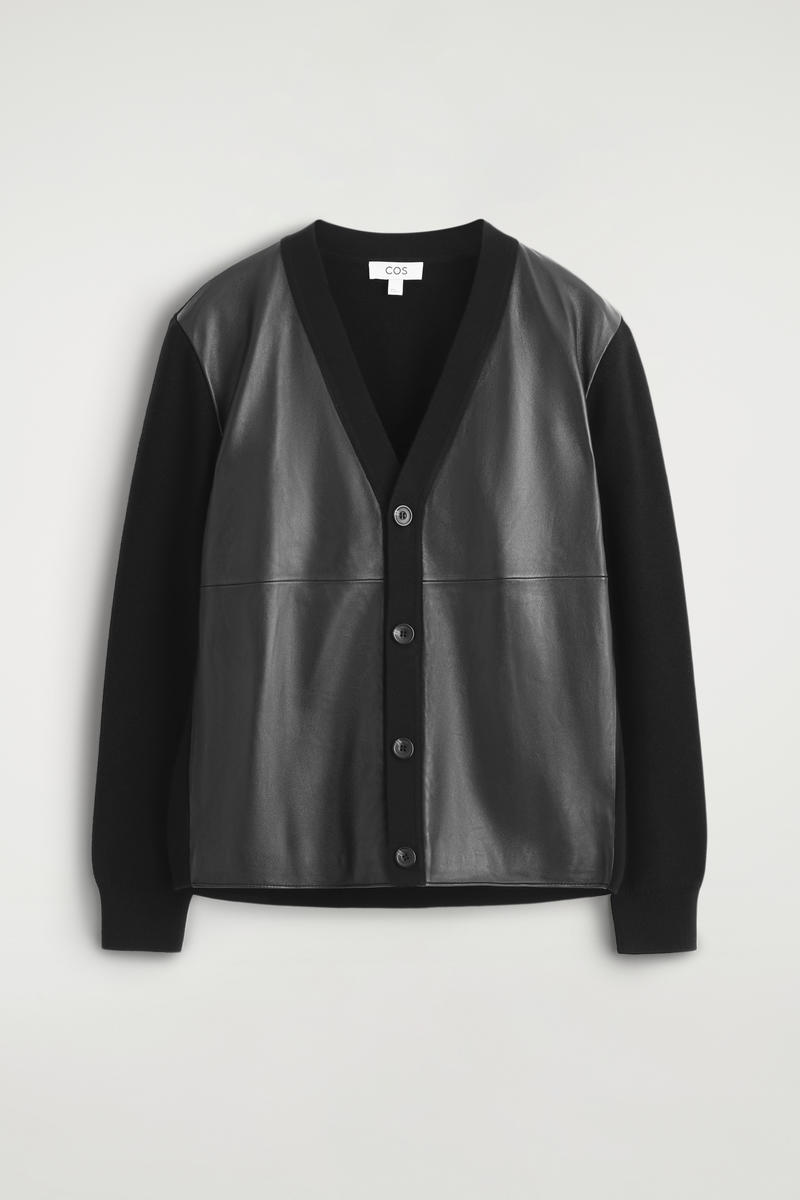 Cos Leather-paneled Wool Cardigan In Black