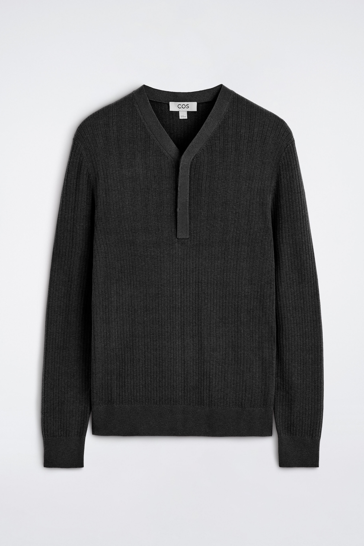 MERINO-LYOCELL RIBBED-KNIT HENLEY TOP — BLACK