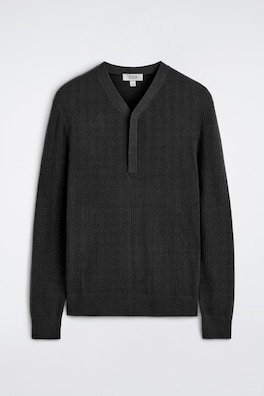 MERINO-LYOCELL RIBBED-KNIT HENLEY TOP — BLACK 8