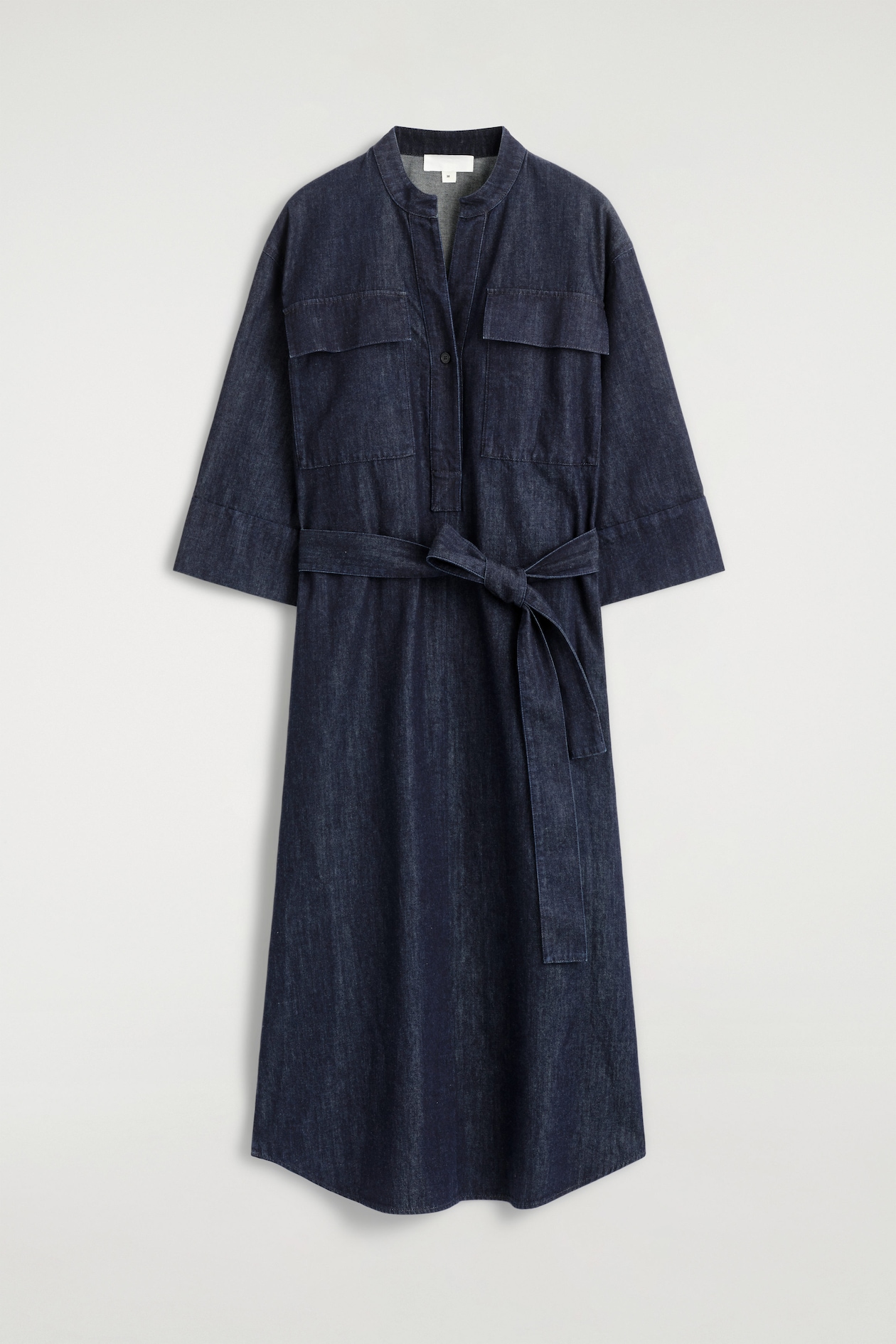 DENIM UTILITY MIDI SHIRT DRESS — DARK BLUE