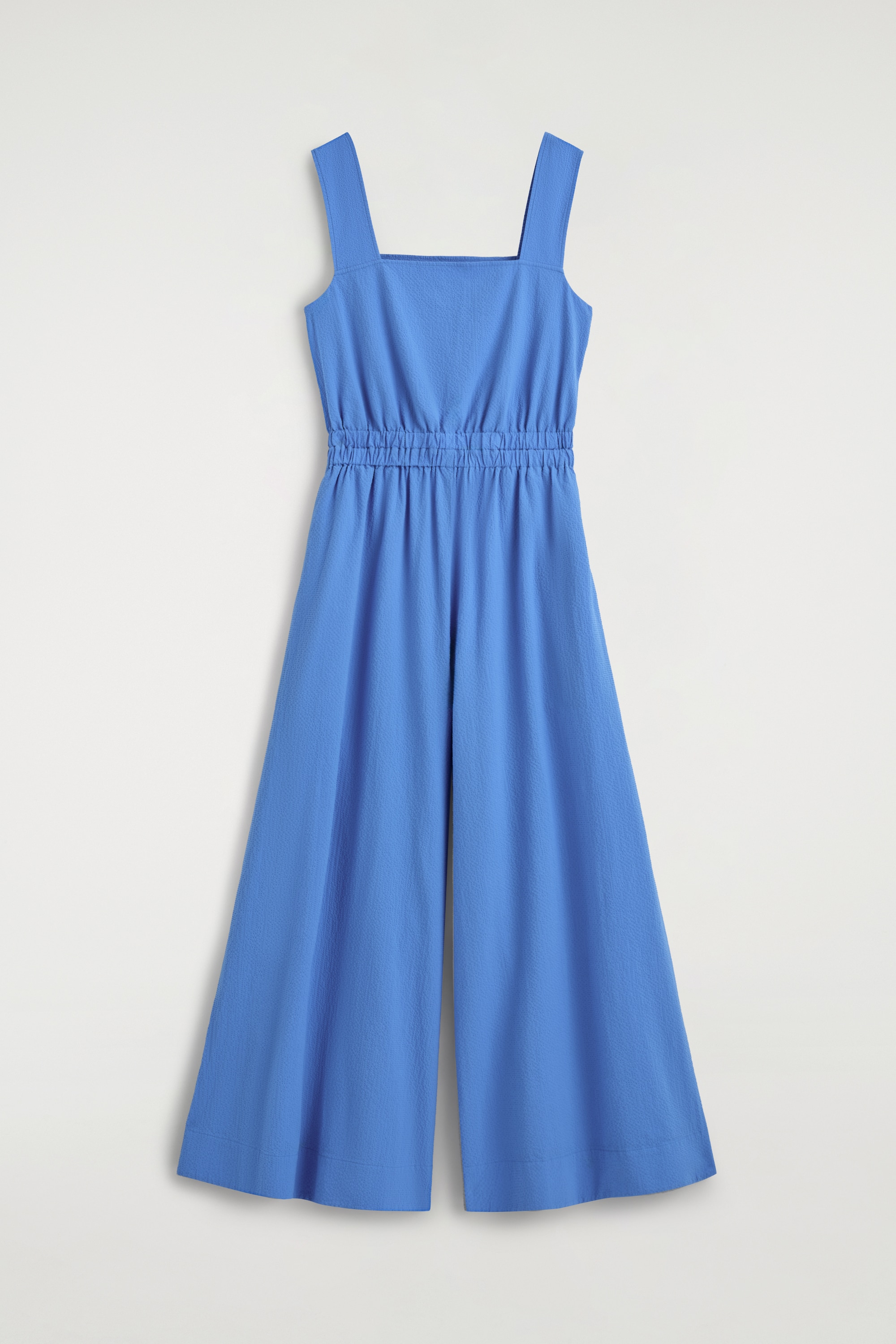 OPEN-BACK SEERSUCKER WIDE-LEG JUMPSUIT - BLUE/BROWN