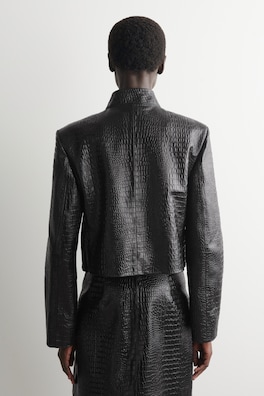 CROPPED CROC-EFFECT LEATHER BLAZER — BLACK 4