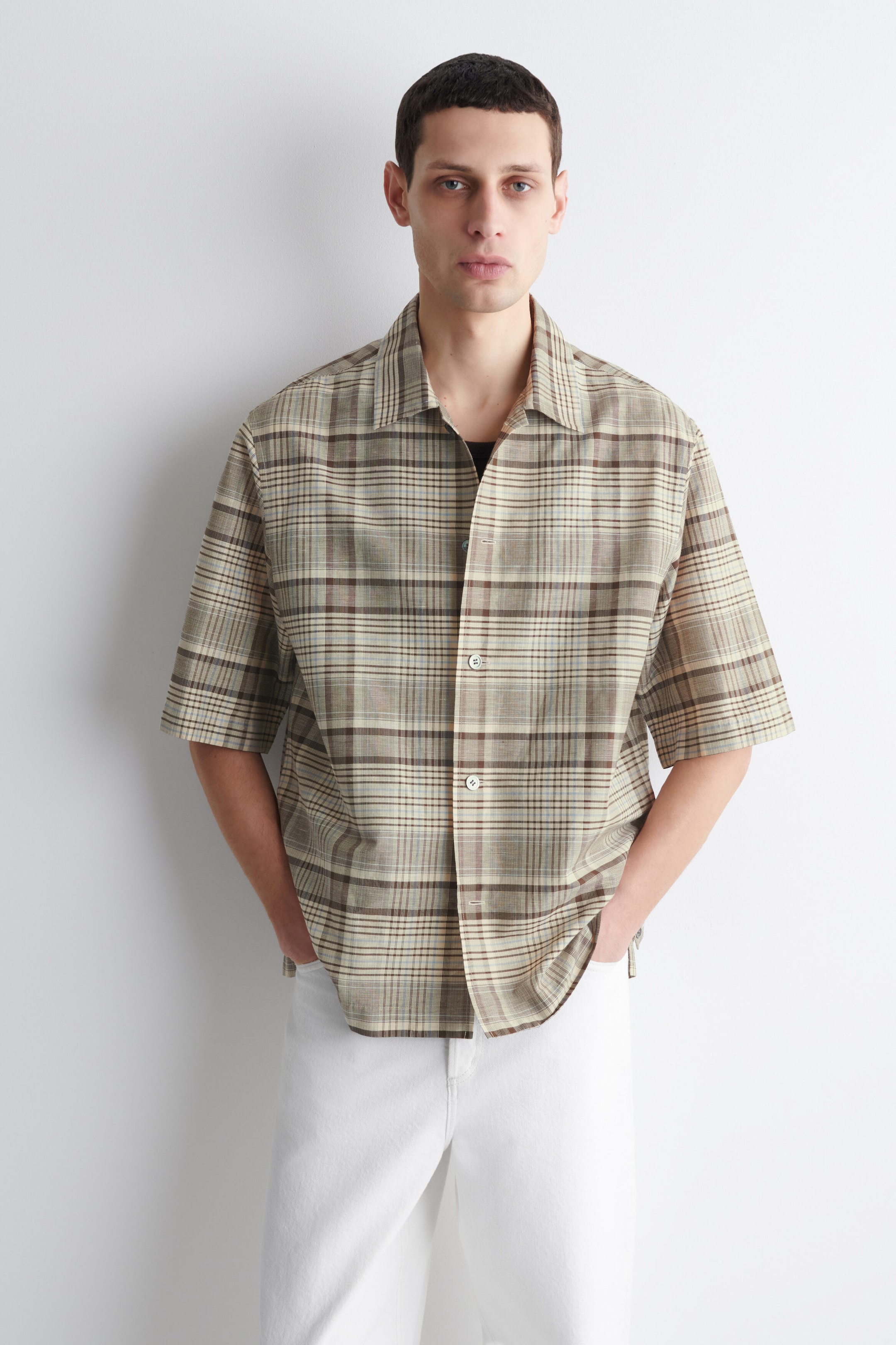 CHECKED LINEN-BLEND SHORT-SLEEVED SHIRT