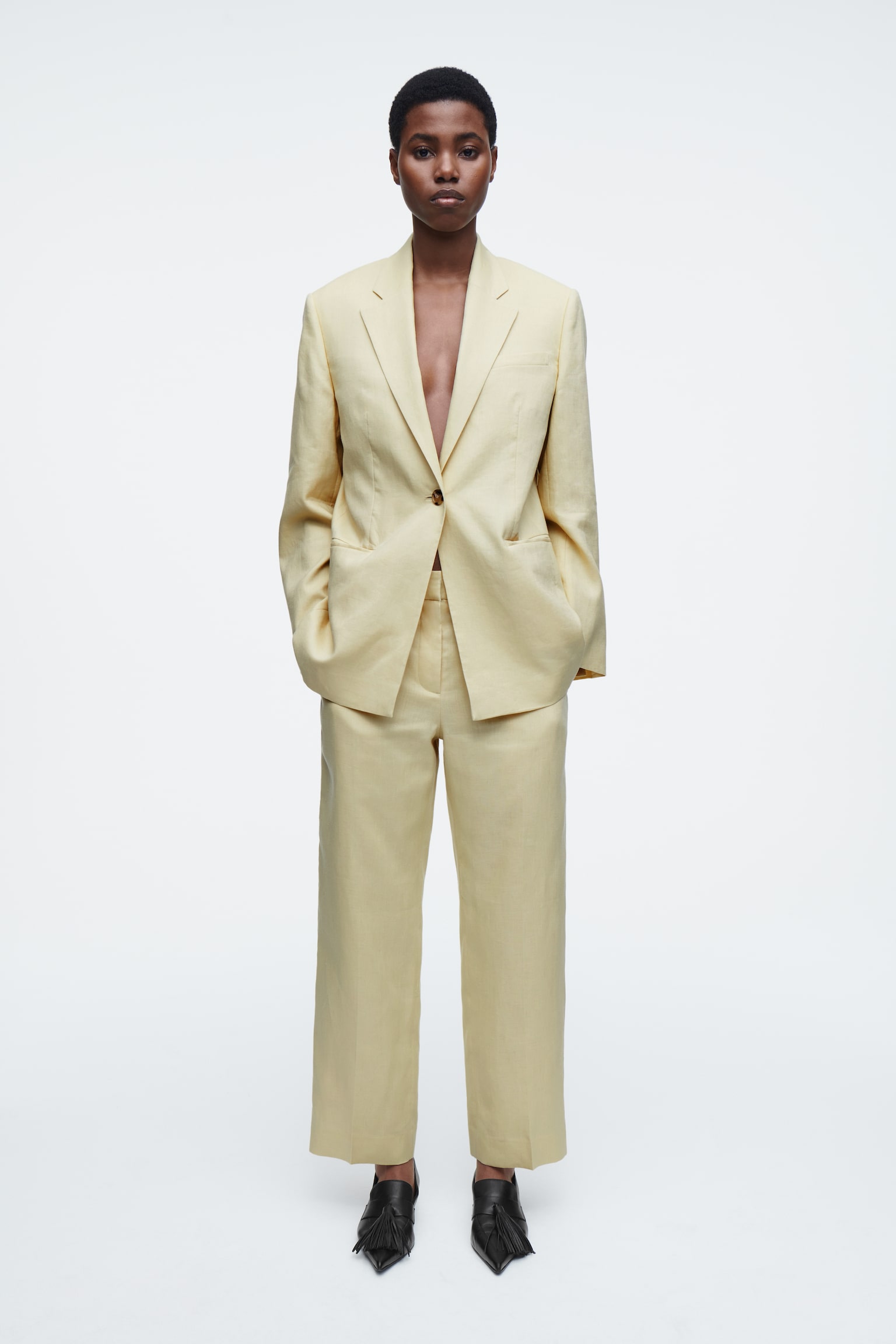 LINEN SLIM-LEG TROUSERS - BUTTER YELLOW