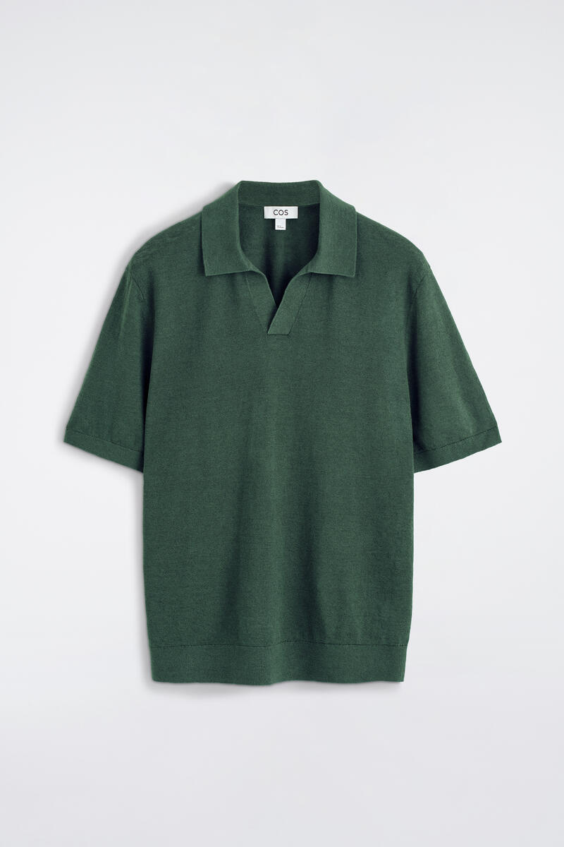 COS Knitted Linen Polo Shirt In Green Men's Extra Large