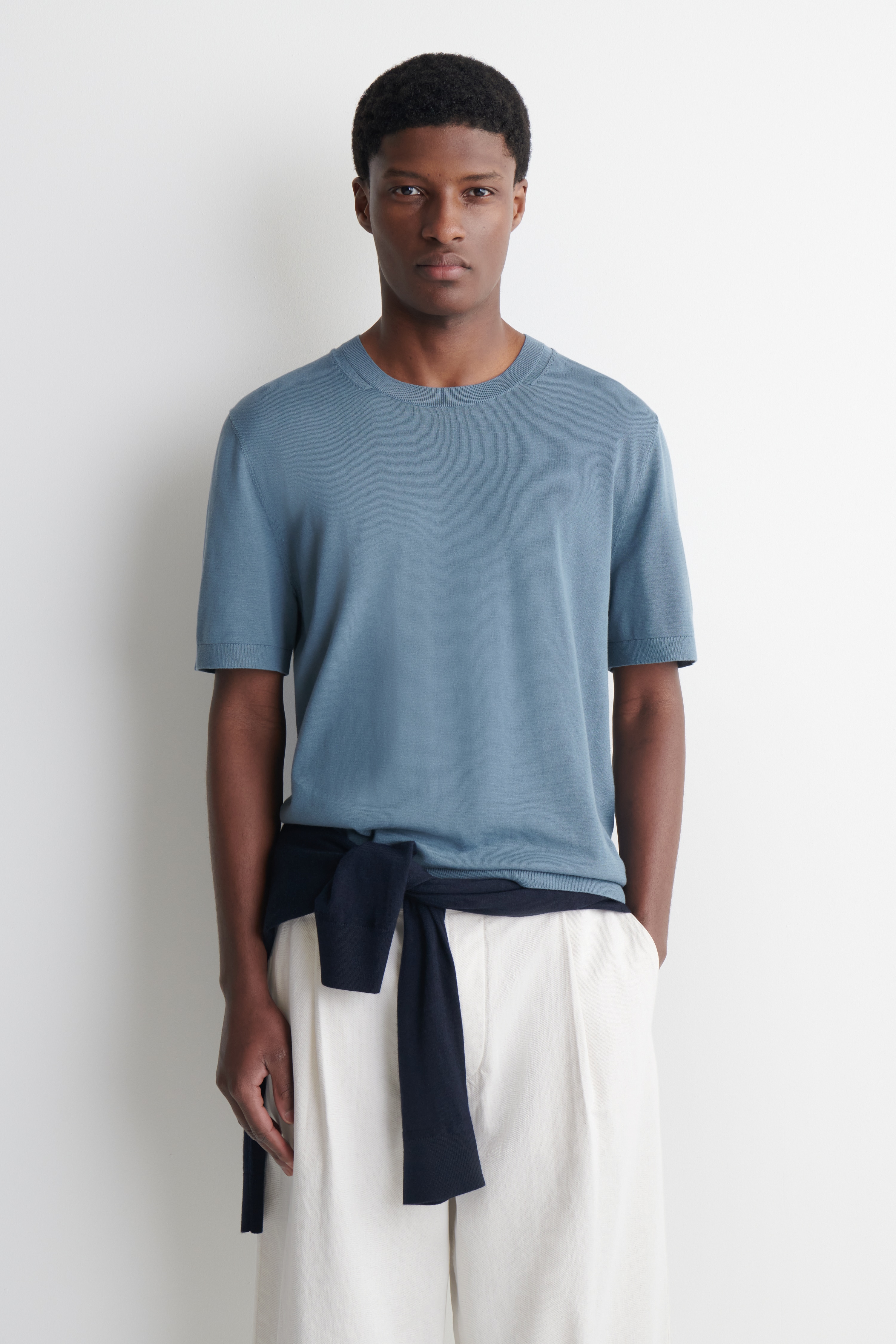 T-SHIRT IN MAGLIA DI COTONE - BLU/MARRONE CHIARO