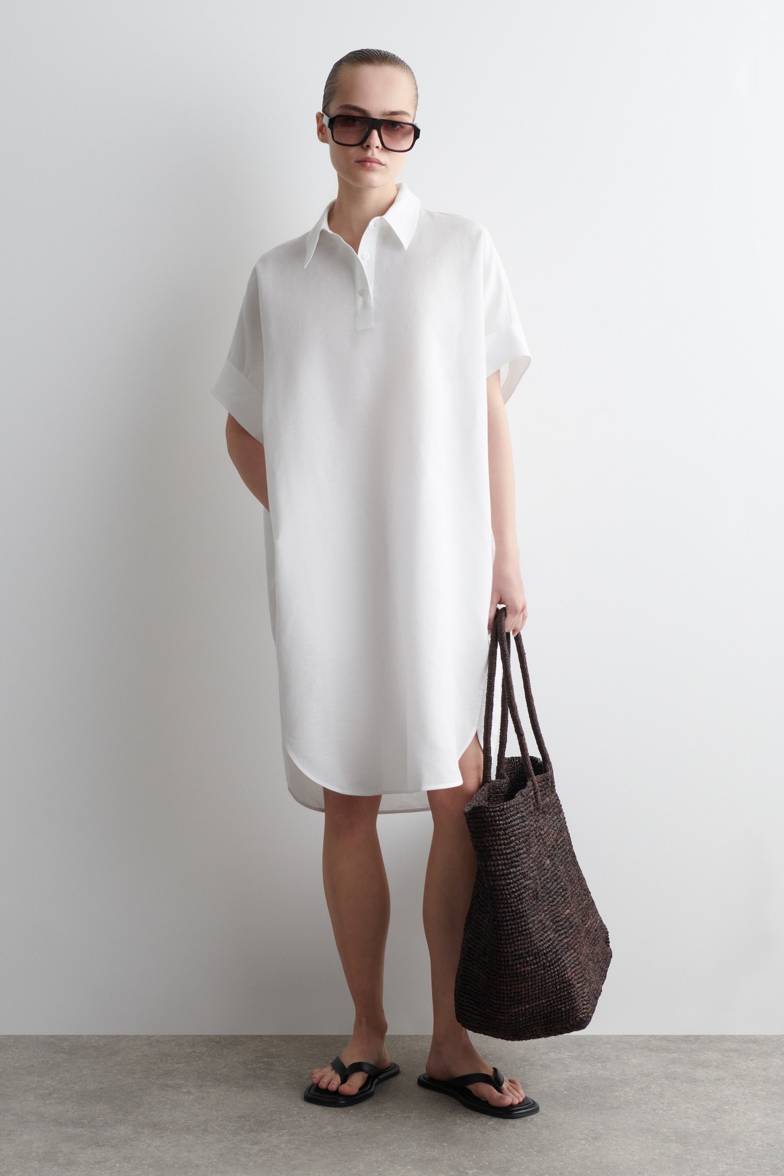 VESTIDO CAMISERO DE LINO Y ALGODÓN REDONDEADO - BLANCO