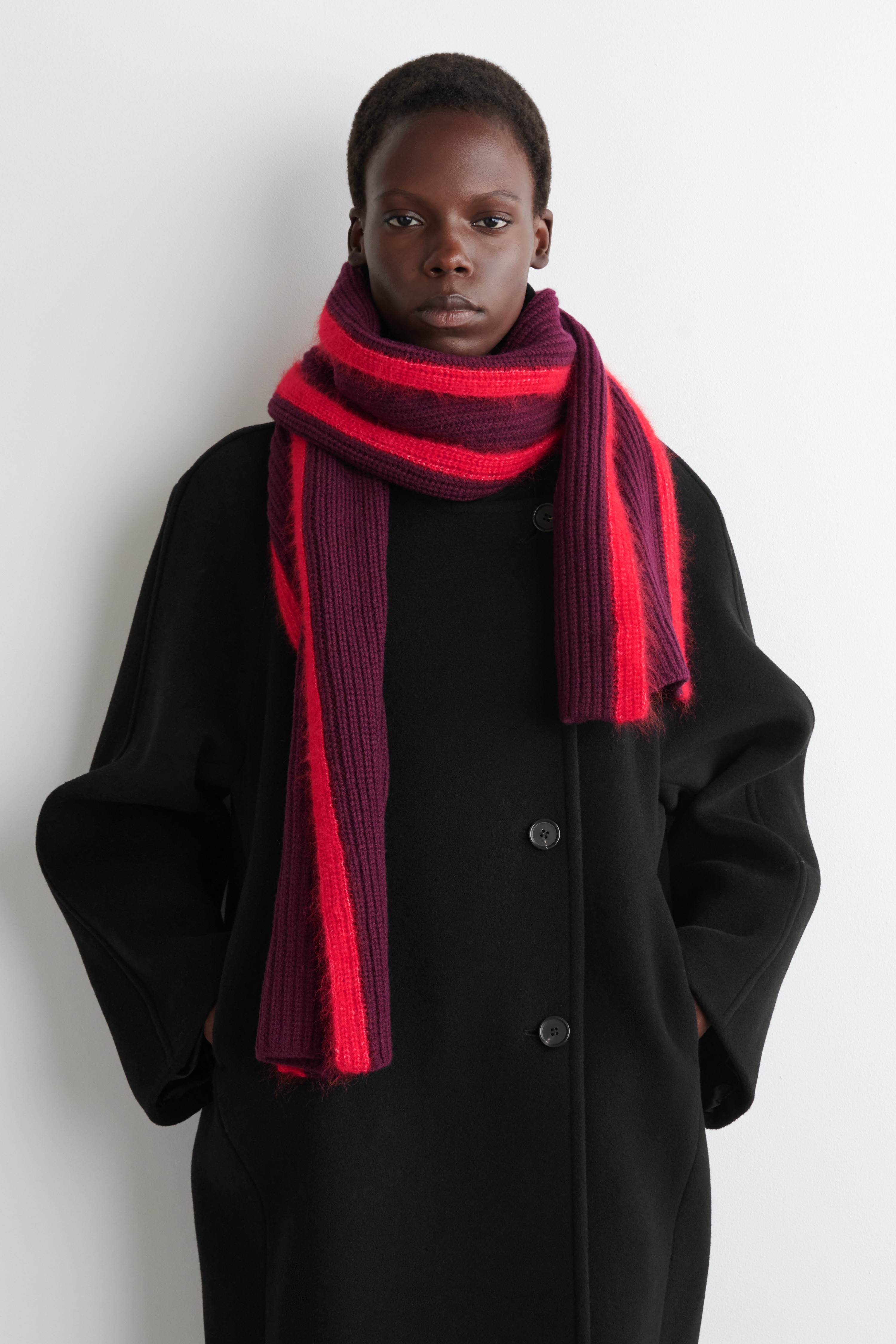 CHUNKY WOOL-MOHAIR SCARF - BURGUNDY / RED/ΓΚΡΙ / ΚΡΕΜ