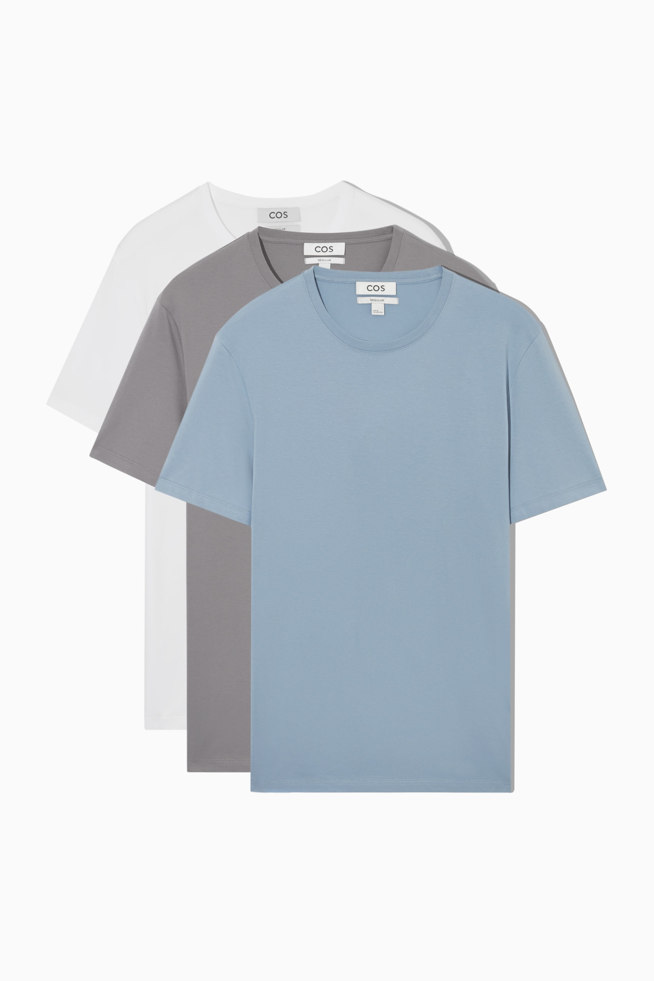 Se større billede: 3-PAK T-SHIRT I BOMULD – REGULAR - WHITE / GREY / WASHED BLUE - HERRE | H&M DK 1