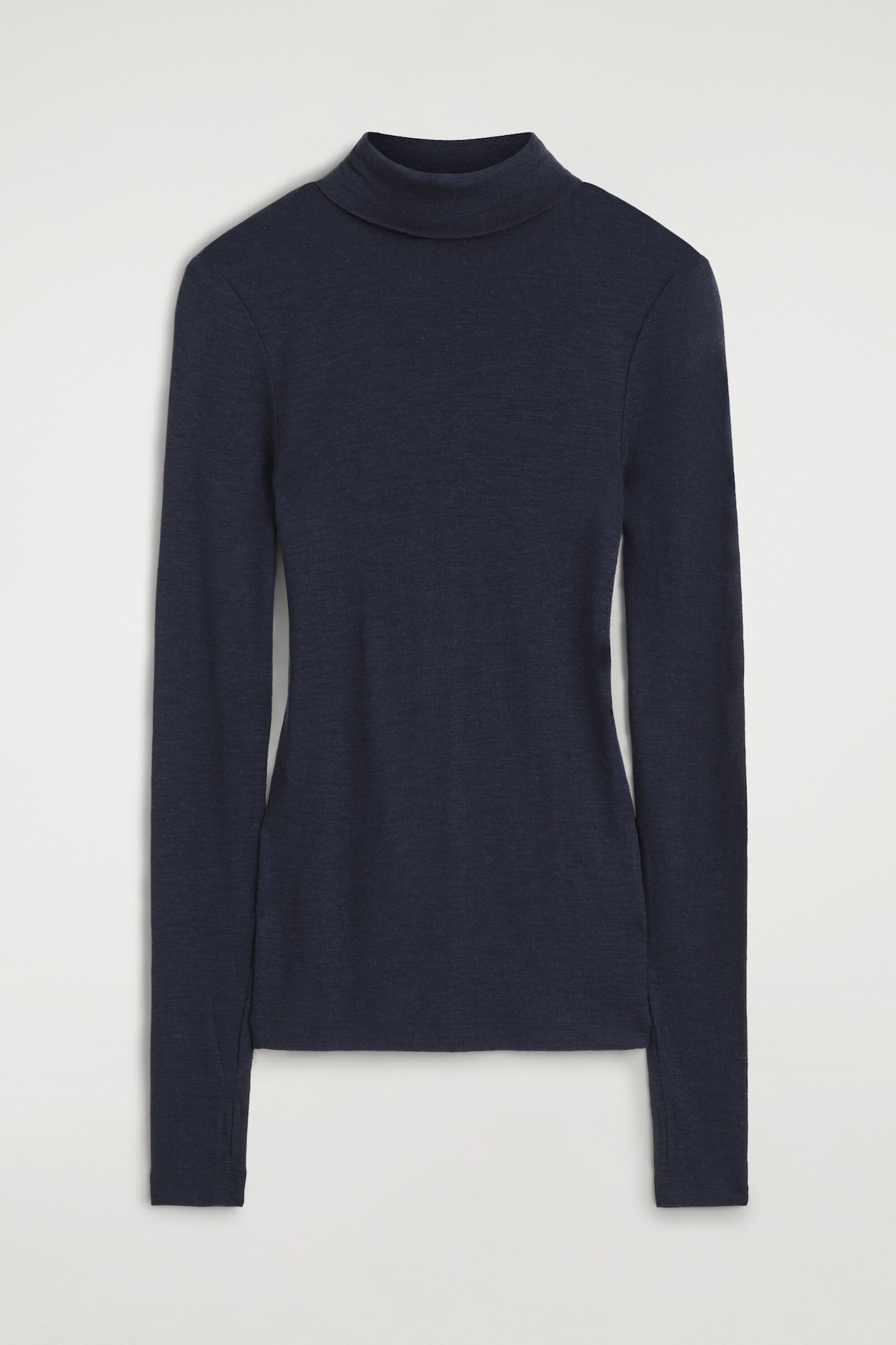 A dark navy blue merino wool mock neck top is shown from the front, featuring a slim fit with a folded mock neck and long sleeves. The fine-knit garment displays a smooth texture with clean-finished cuffs and a straight hem.