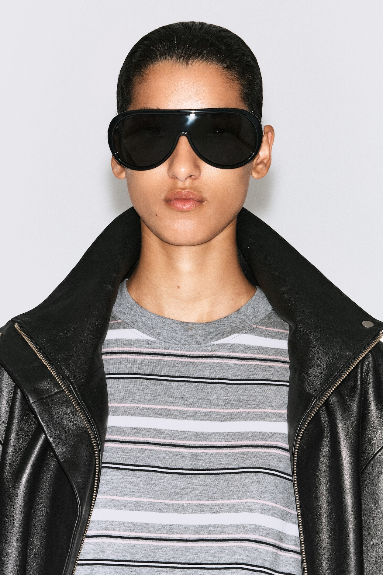 BRUSHED-COTTON LONG-SLEEVED T-SHIRT — GRAY / STRIPED