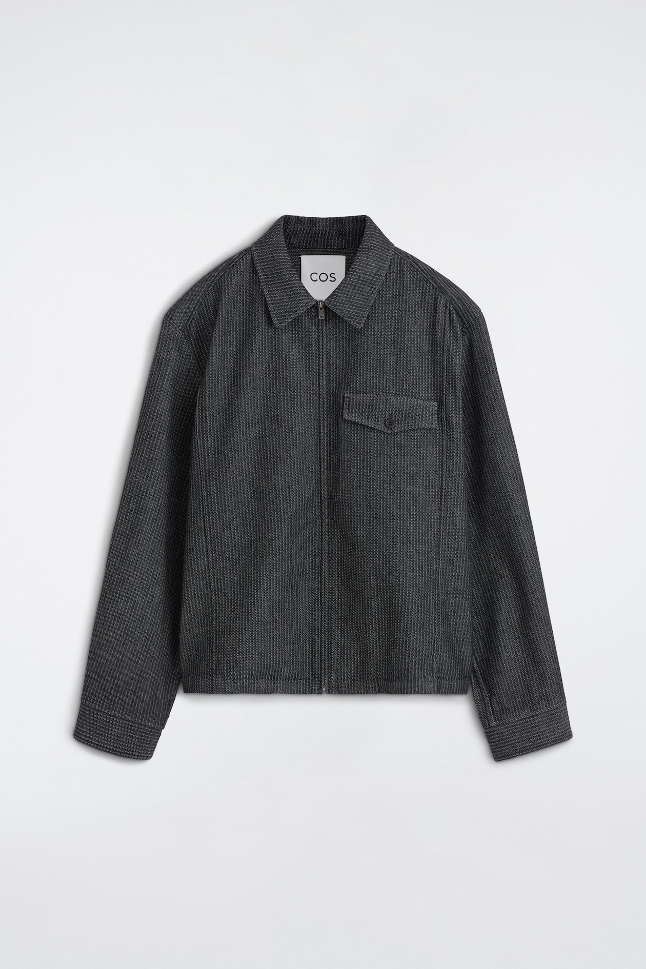 PINSTRIPED DENIM ZIP-UP OVERSHIRT — BLACK / PINSTRIPED