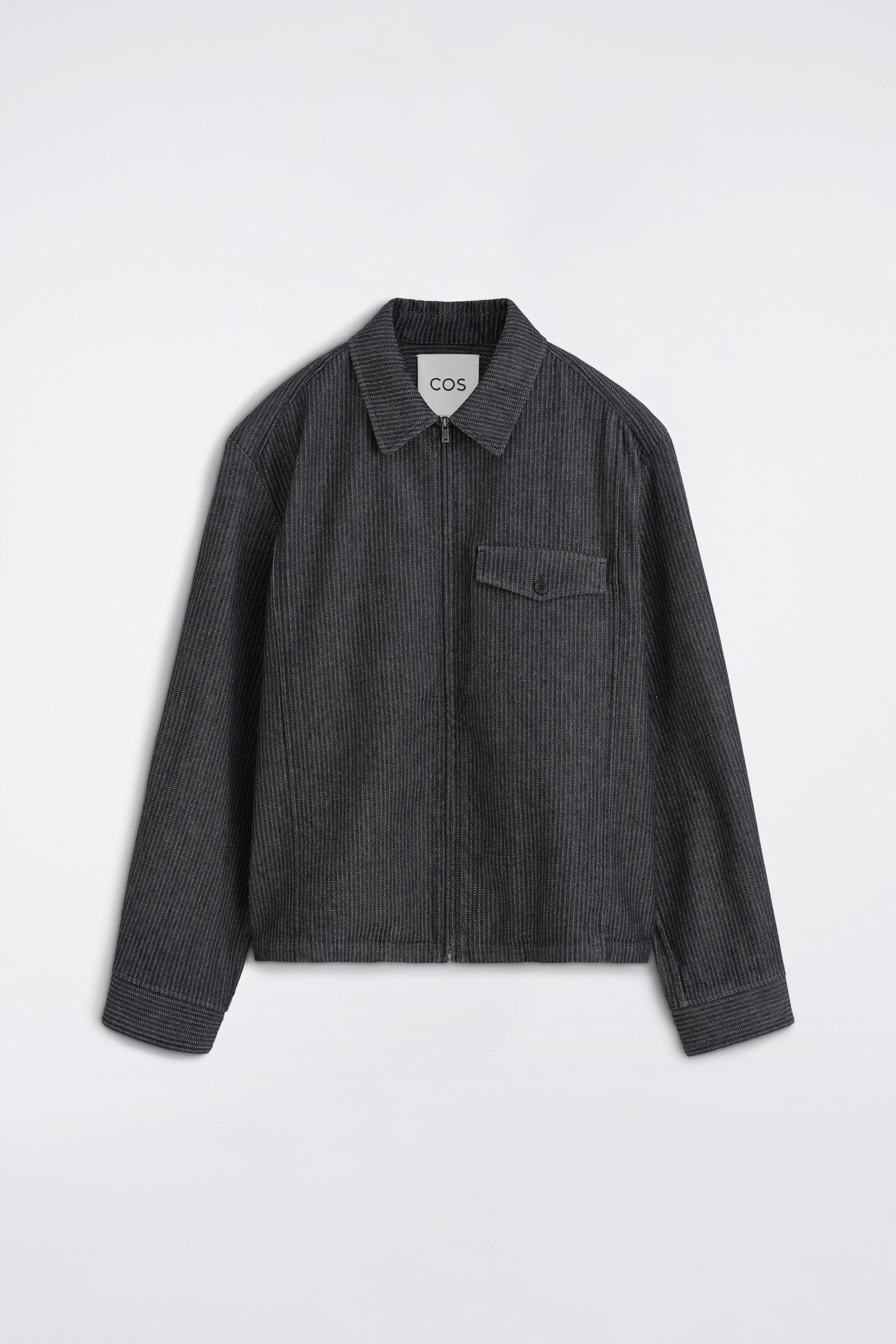PINSTRIPED DENIM ZIP-UP OVERSHIRT