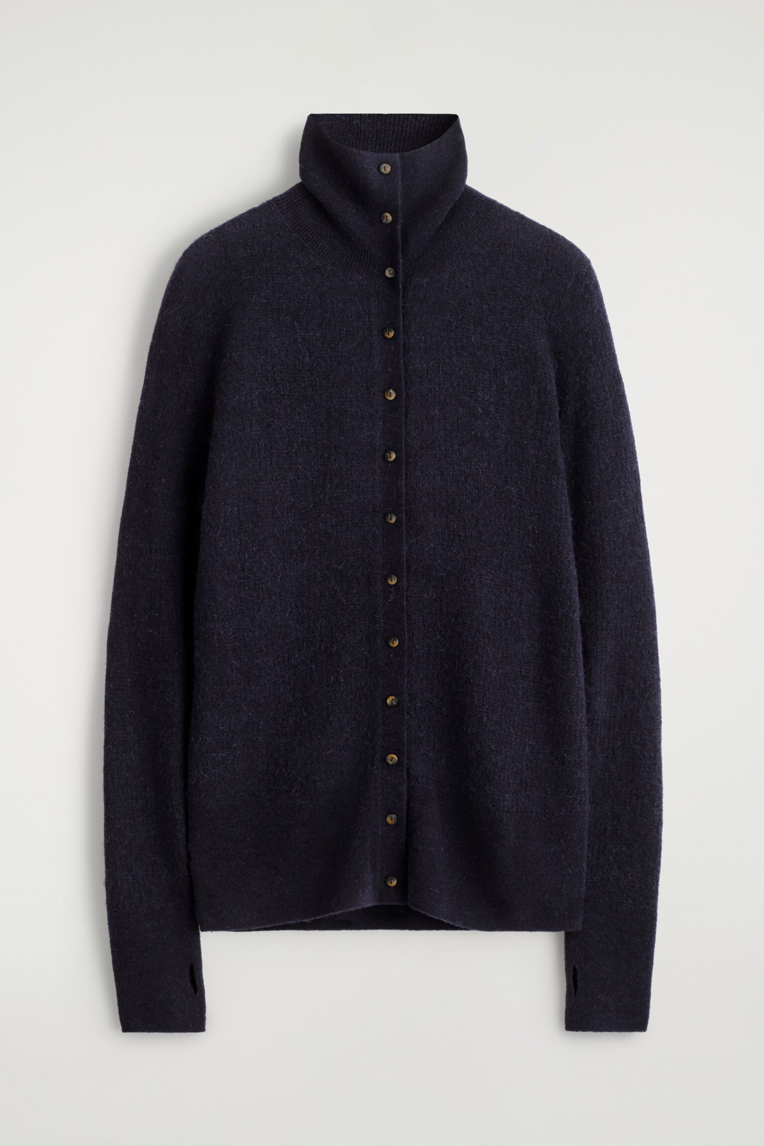 CARDIGAN À COL HAUT EN ALPAGA ET LAINE MÉRINOS - BLEU MARINE CHINÉ/BRUN CHINÉ - 1