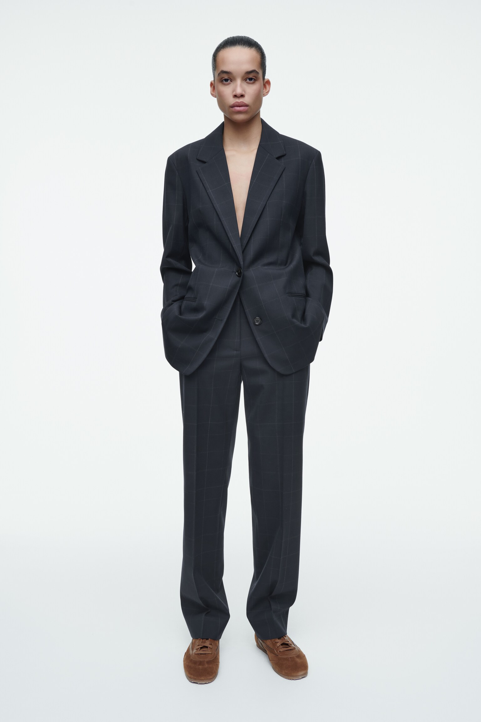 WINDOWPANE-CHECK STRAIGHT-LEG TROUSERS - NAVY / CHECKED