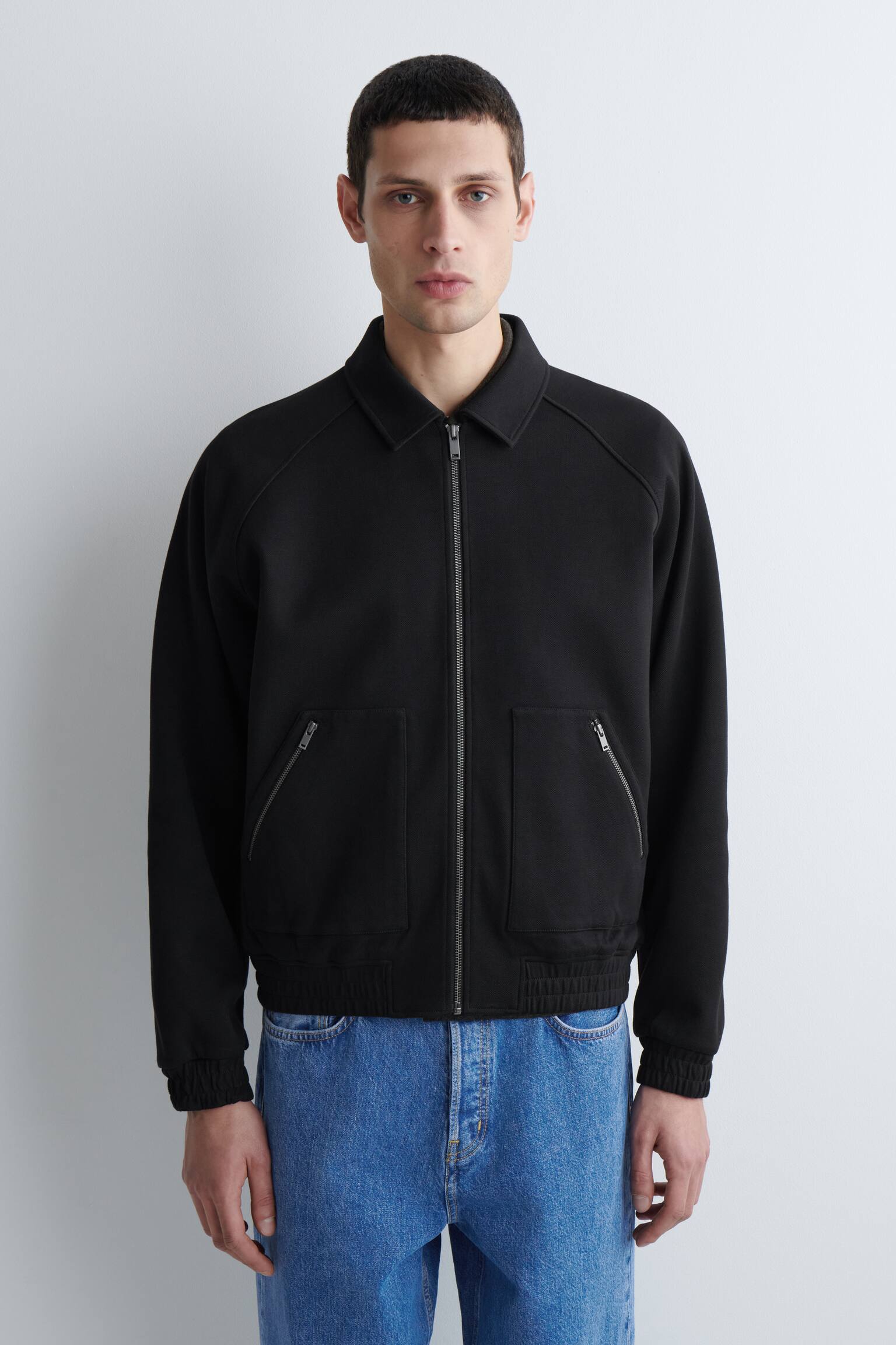 COTTON-JERSEY BOMBER JACKET - כחול כהה/ירוק כהה - 4