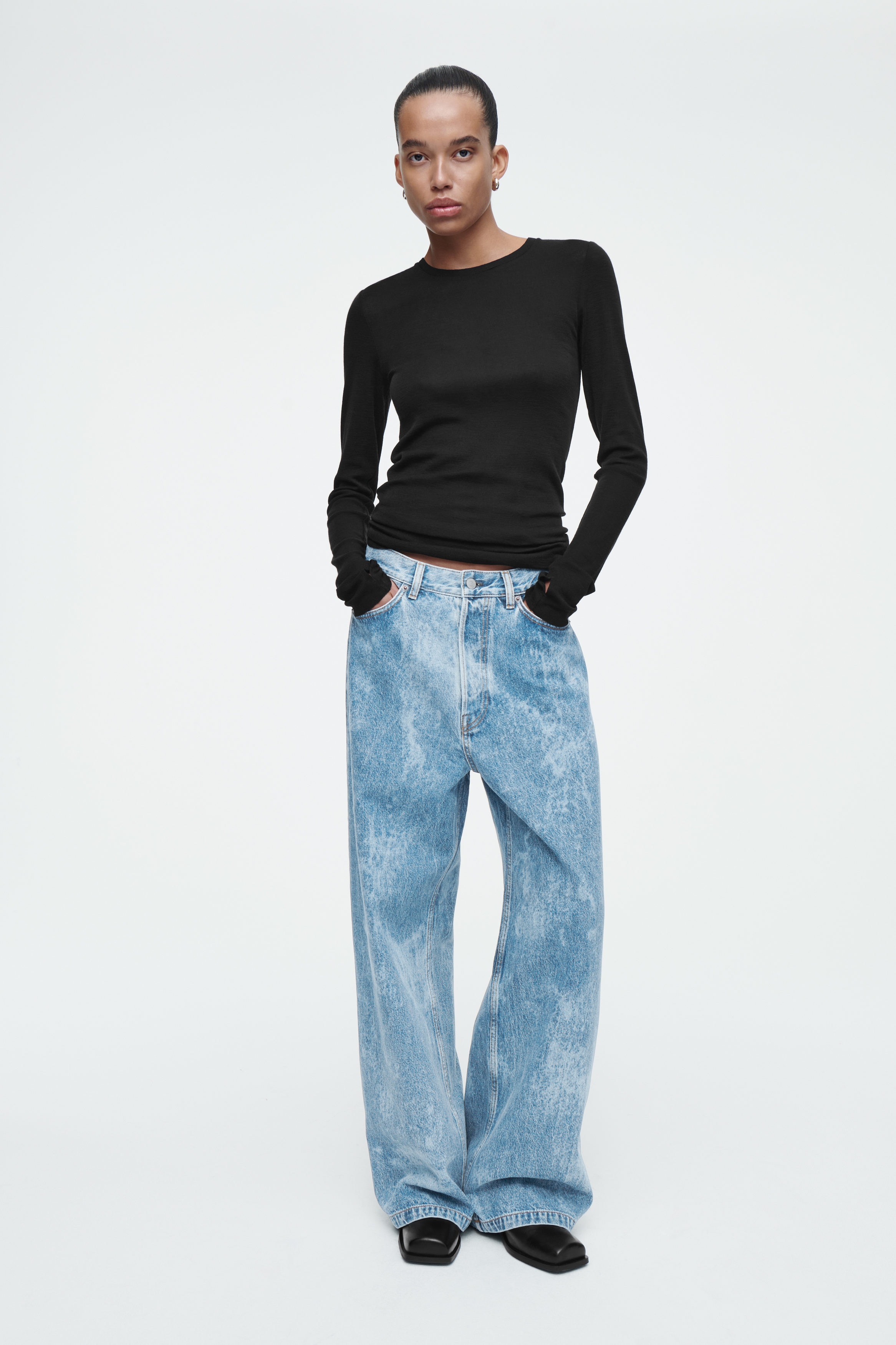 【BOK PLACE】Black blue washing span long wide denim pants BOK PLACE】Black blue washing span long wide denim pants