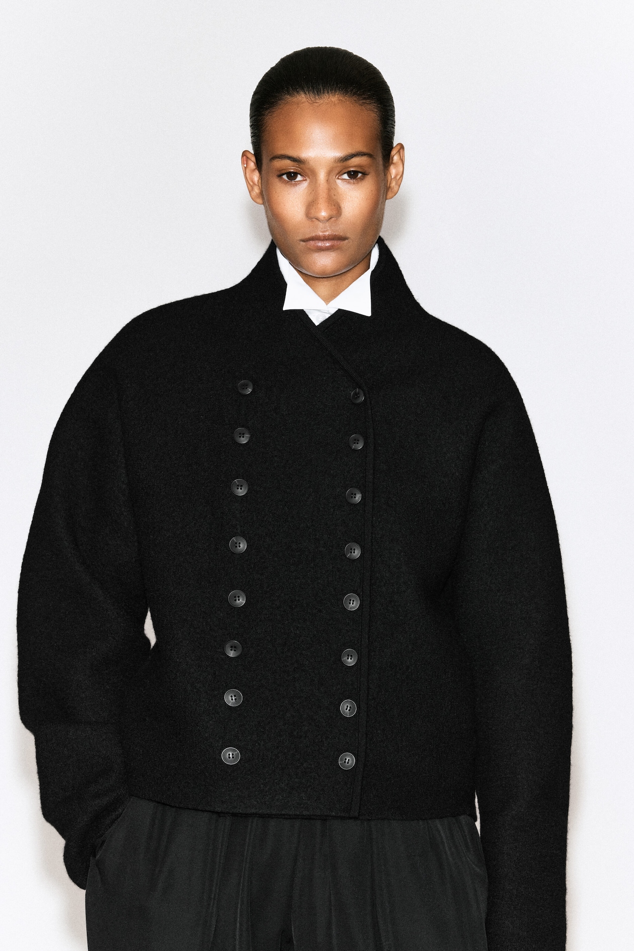 BOILED-WOOL UNIFORM JACKET — BLACK
