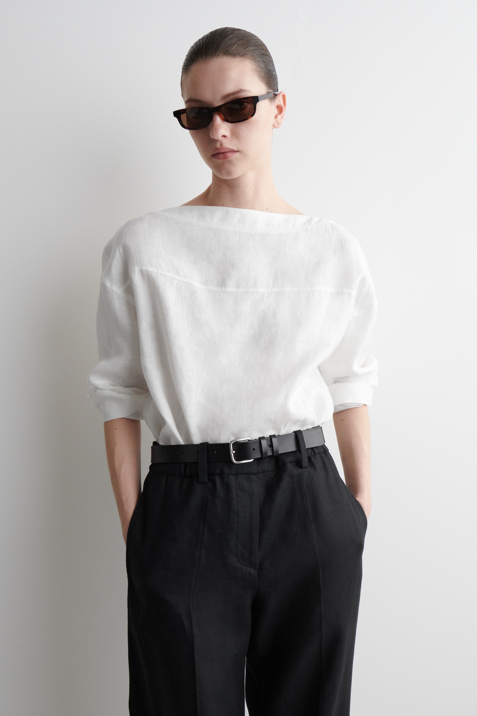 BLOUSE AVEC DÉTAIL À NOUER EN LIN - BLANC/NOIR - 1