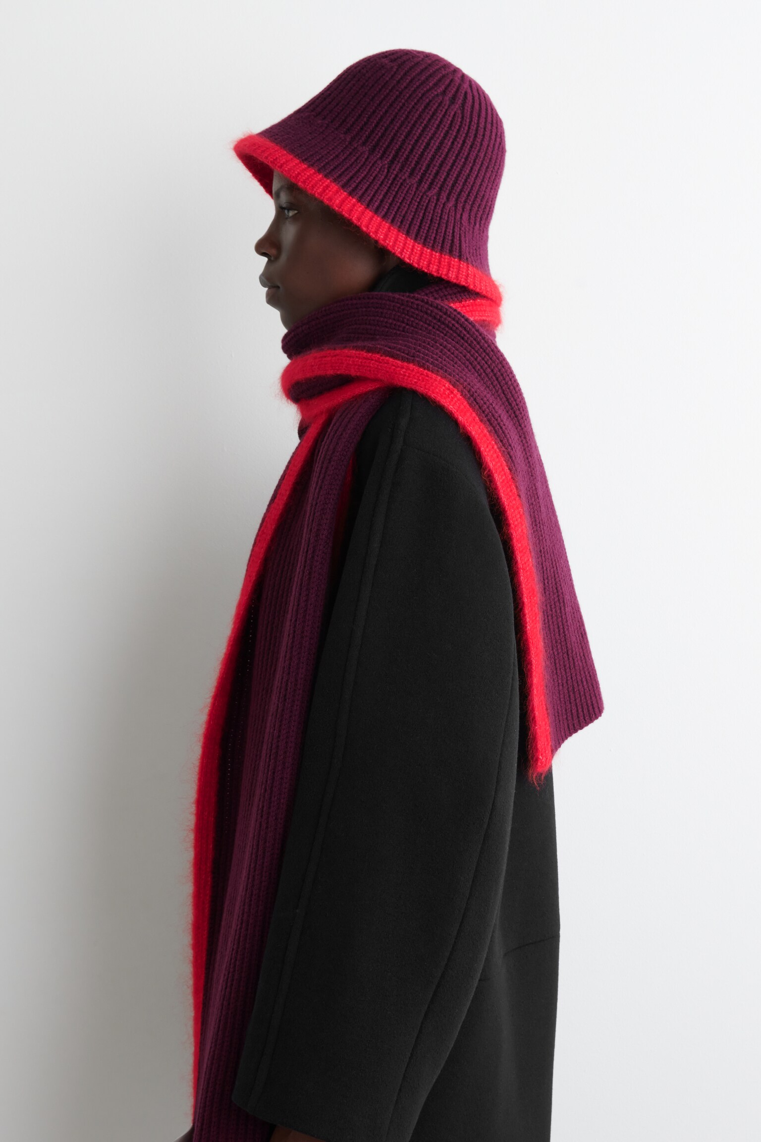 BUFANDA GRUESA DE LANA Y MOHAIR - BURDEOS / ROJO/GRIS / CREMA - 3
