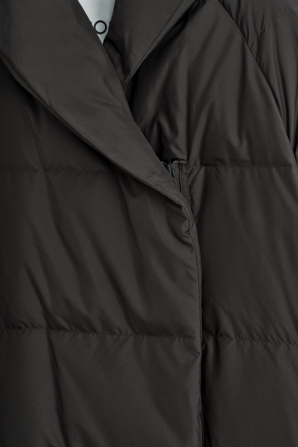 SHAWL-COLLAR QUILTED DOWN LONG COAT — DARK BROWN